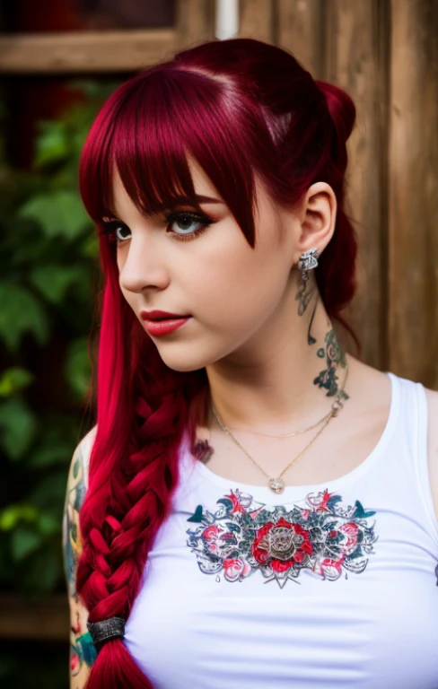 A red-haired steampunk android girl, (white top: 1.2), big boobs, schwarzes und blaues Leder, tattoo, Hyperdetailliert, ultrascharf, long red hair in pigtails, 8 Tausend, (Wahnsinnig detailliert:1.5), Full body shot, 20 Megapixel, Canon EOS R3, Detaillierte Haut, blasse Haut
