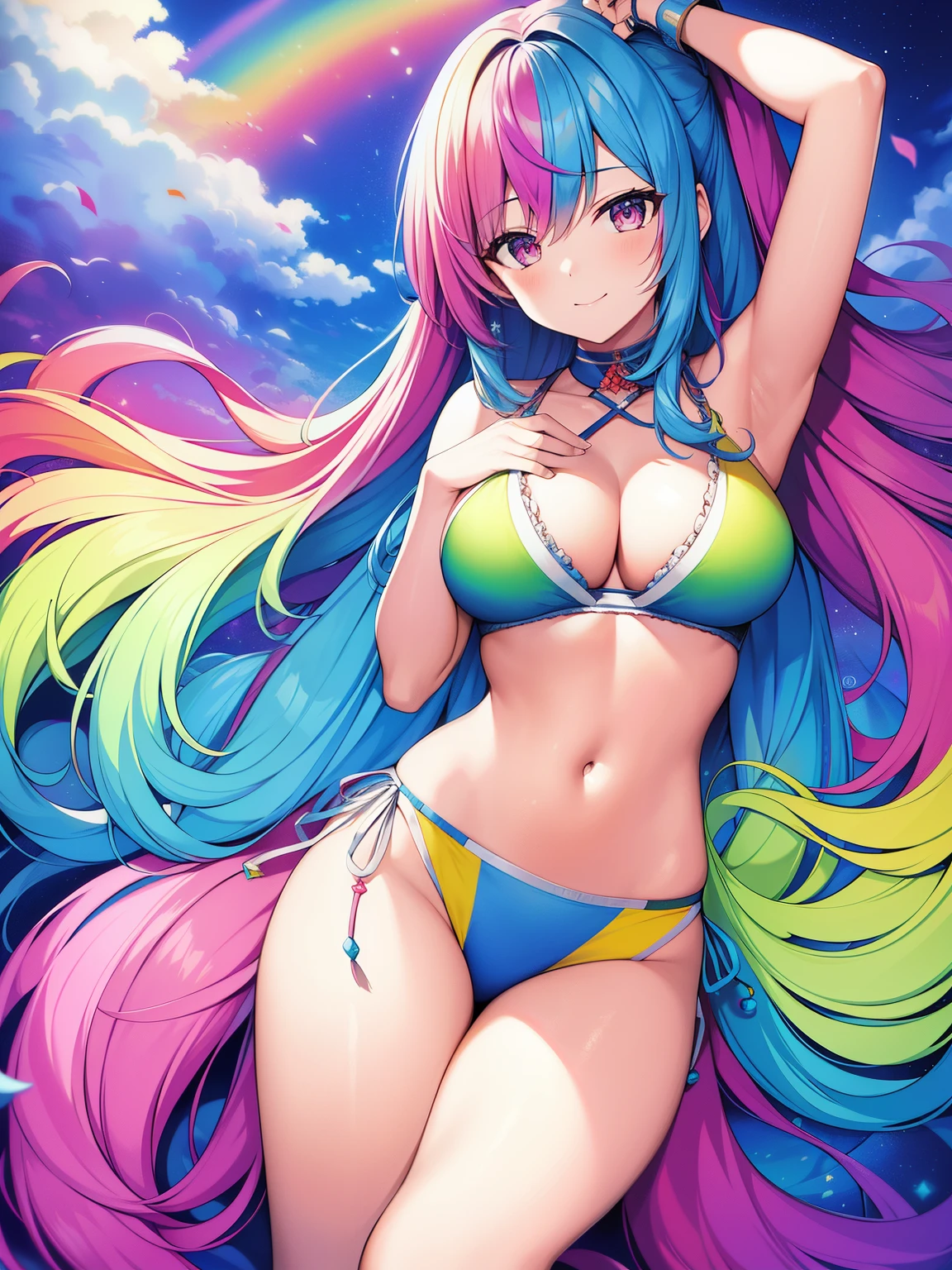 (masterpiece), best quality, high resolution, extremely detailed, detailed background, perfect lighting, (colorful, vivid color:1.4), 1girl, rainbow hair, cotton candy cloud, sky, smile