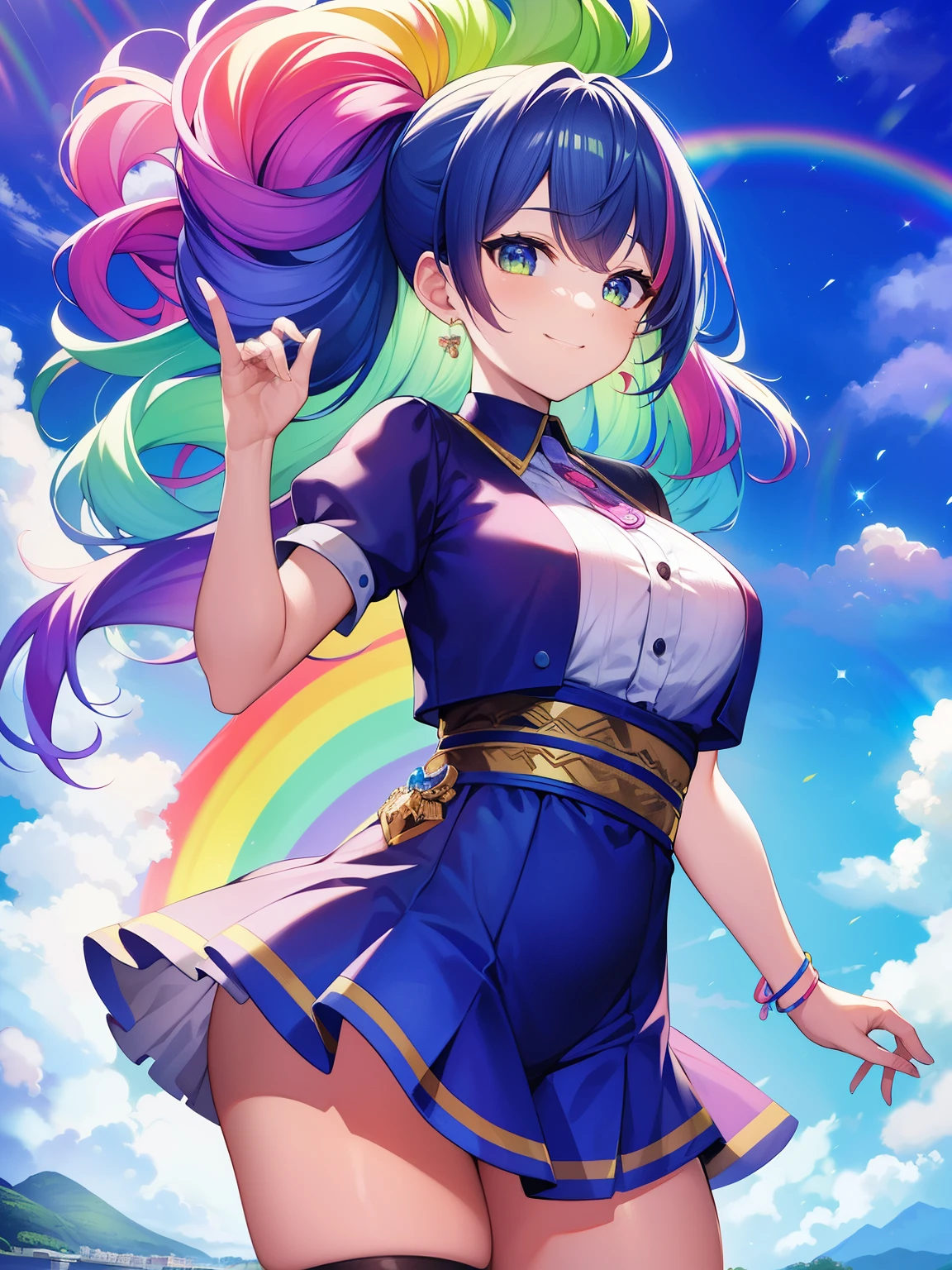 (masterpiece), best quality, high resolution, extremely detailed, detailed background, perfect lighting, (colorful, vivid color:1.4), 1girl, rainbow hair, cotton candy cloud, sky, smile