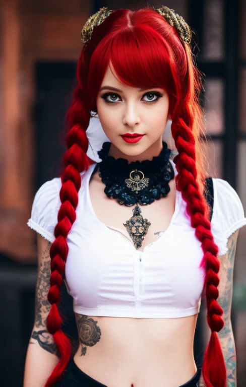 A red-haired steampunk android girl, (white top: 1.2), big boobs, schwarzes und blaues Leder, tattoo, Hyperdetailliert, ultrascharf, long red hair in pigtails, 8 Tausend, (Wahnsinnig detailliert:1.5), Full body shot, 20 Megapixel, Canon EOS R3, Detaillierte Haut, blasse Haut