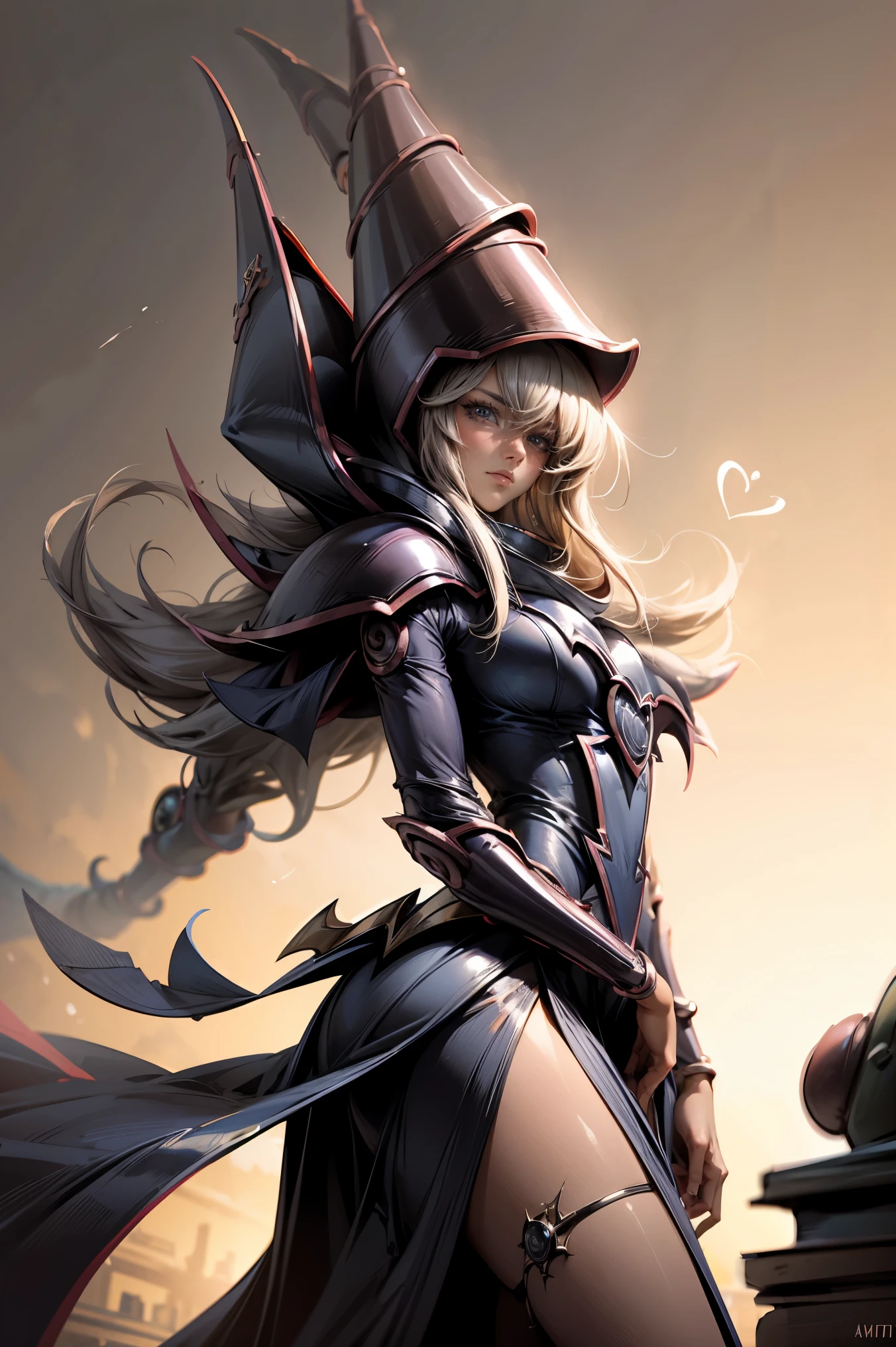 (Obra maestra:1.2), (La mejor calidad:1.2), Perfect lighting, Chica Maga Oscura lanzando un hechizo, In his twenties, flotando en el aire, tetas grandes, escote, blue robe, sombrero grande, desde arriba, Destellos, Yugioh juego, Magic of the Heart. Heart lights, Romantic Heart