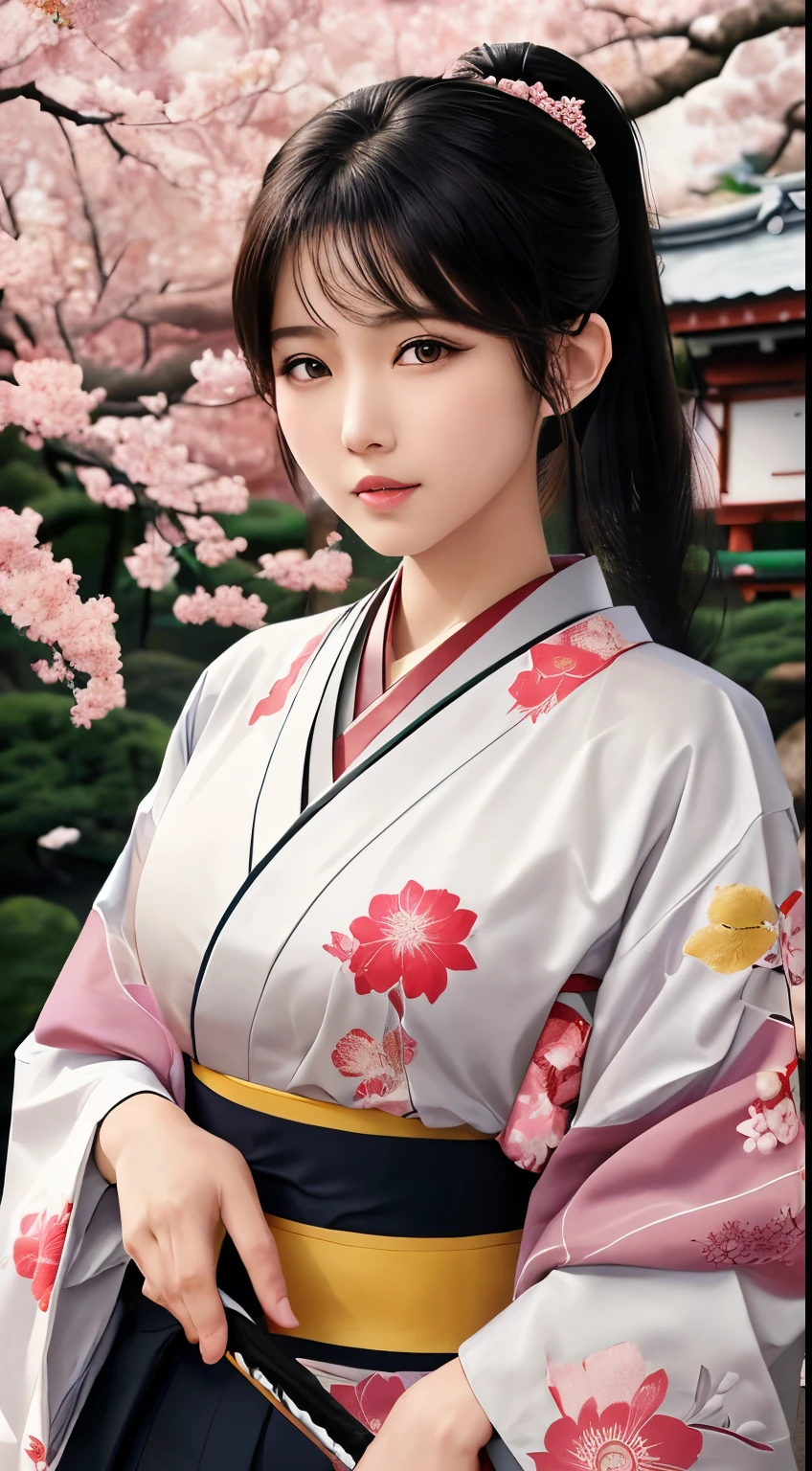 NSFW、最high quality、high quality、best image quality、8K、最High resolution、High resolution、最high quality、masterpiece、Extreme close-up portrait、Raw photo、realistic atmosphere、(detailed face)、(fine hands、thumb1reference4)、(beauty of japan )、very nice face、cute face、((beautiful japanese girl))、(japanese woman), ((18 year old beautiful girl))、(glossy black hair)、(straight long hair)、(ponytail)、whole body、slim style、(shiny skin)、(Fair skin, Glossy skin)、real human skin、realistic human body structure、perfect body, perfect face, perfect hands, perfect fingers, perfect lips, perfect eyes,perfect teeth、perfect background, perfect atmosphere, natural soft light、photon mapping、japanese samurai、japanese samurai、Japanese swordsman、((Japanese swordを手に持つ日本の女武士))、(Girl wearing Japanese samurai costume)、warrior girl、Japanese sword、japanese traditional、((Japanese sword(gently curved long sword))、((floral kimono(Sheer、sexy、transparent、erotic))、((鋭いJapanese swordを手に持つ女の子))、In front of a samurai residence in Japan、((random color floral pattern(samurai kimono、Hakama with slit))、A dynamic stance that reflects the swordsmanship cultivated as a samurai.、sword-drawing posture、Iainuki stance、