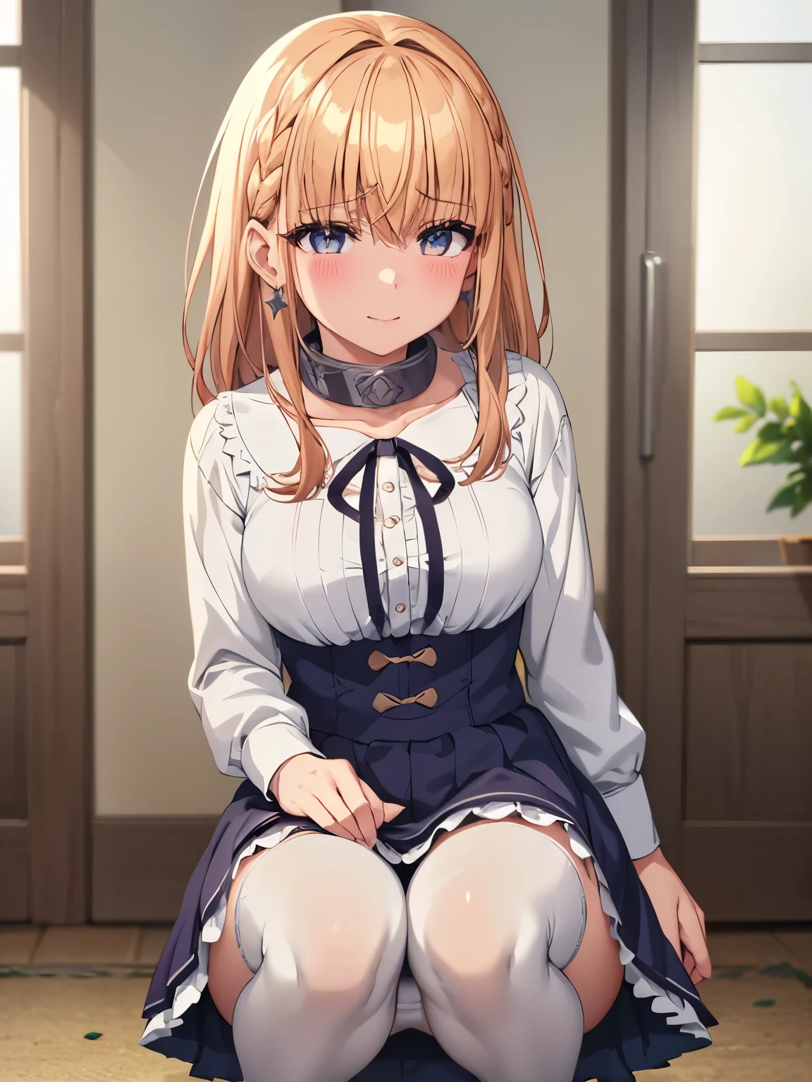 anime - style image of a woman in a white bra top and panties, seductive anime girl, marin kitagawa fanart, makoto shinka, rin, small curvy , anime best girl, sexy pose, smooth anime cg art, asuka suit under clothes!, cushart krenz key art feminine, ayaka genshin impact, zerochan art, white panties,cameltoe,full body,white pantyhose,squatting,pantyshot,å©ä¸,1girl,star earrings,solo,blonde hair,braid,medium hair,bangs,bright pupils,brown eyes,hair between eyes,white pupils,
metal collar,neck ribbon,white shirt,black ribbon,center frills,corset dress,blue dress,long sleeves,frilled skirt,medium breasts,collarbone,smile, blush,
mary janes,outdoors,grass,wind,wind lift,falling leaves,, Exquisite visuals, high-definition,masterpiece,best quality,, 18yo,Young female,Beautiful Fingers,Beautiful long legs,Beautiful body,Beautiful Nose,Beautiful character design, perfect eyes, perfect face,expressive eyes,
official art,extremely detailed CG unity 8k wallpaper, perfect lighting,Colorful, Bright_Front_face_Lighting,shiny skin,
(masterpiece:1.0),(best_quality:1.0), ultra high res,4K,ultra-detailed,
photography, 8K, HDR, highres, absurdres:1.2, Kodak portra 400, film grain, blurry background, bokeh:1.2, lens flare, (vibrant_color:1.2), (beautiful_face:1.5),(narrow_waist), ,NSFW,
