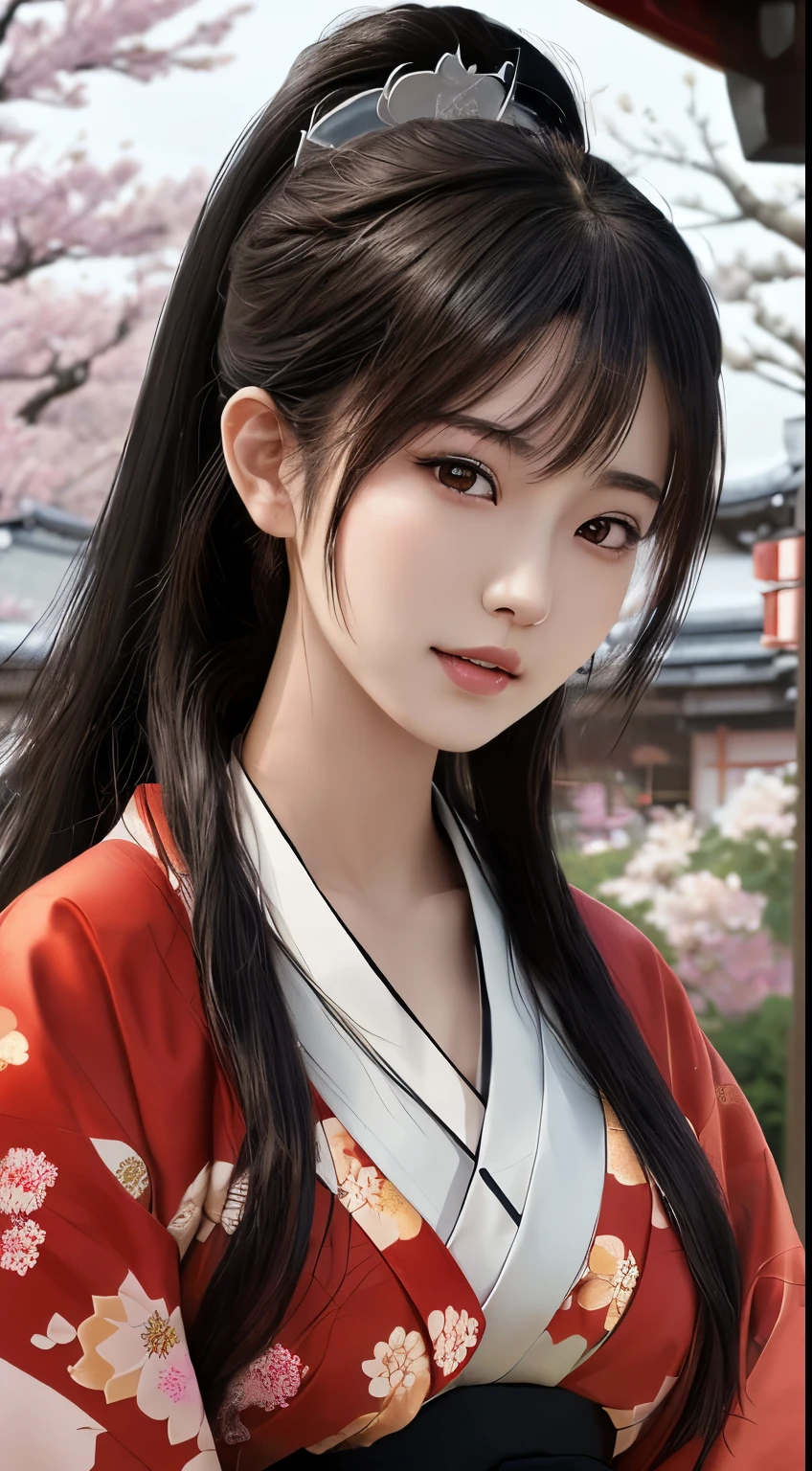 NSFW、最high quality、high quality、best image quality、8K、最High resolution、High resolution、最high quality、masterpiece、Extreme close-up portrait、Raw photo、realistic atmosphere、(detailed face)、(fine hands、thumb１reference４)、(beauty of japan )、very nice face、cute face、((beautiful japanese girl))、(japanese woman), ((18 year old beautiful girl))、(glossy black hair)、(straight long hair)、(ponytail)、whole body、slim style、(shiny skin)、(Fair skin, Glossy skin)、real human skin、realistic human body structure、perfect body， perfect face， perfect hands， perfect fingers， perfect lips， perfect eyes，perfect teeth、perfect background， perfect atmosphere， natural soft light、photon mapping、japanese samurai、japanese samurai、Japanese swordsman、((Japanese swordを手に持つ日本の女武士))、(Girl wearing Japanese samurai costume)、warrior girl、Japanese sword、japanese traditional、((Japanese sword(gently curved long sword))、((floral kimono(Sheer、sexy、transparent、erotic))、((鋭いJapanese swordを手に持つ女の子))、In front of a samurai residence in Japan、((random color floral pattern(samurai kimono、Hakama with slit))、A dynamic stance that reflects the swordsmanship cultivated as a samurai.、sword-drawing posture、Iainuki stance、