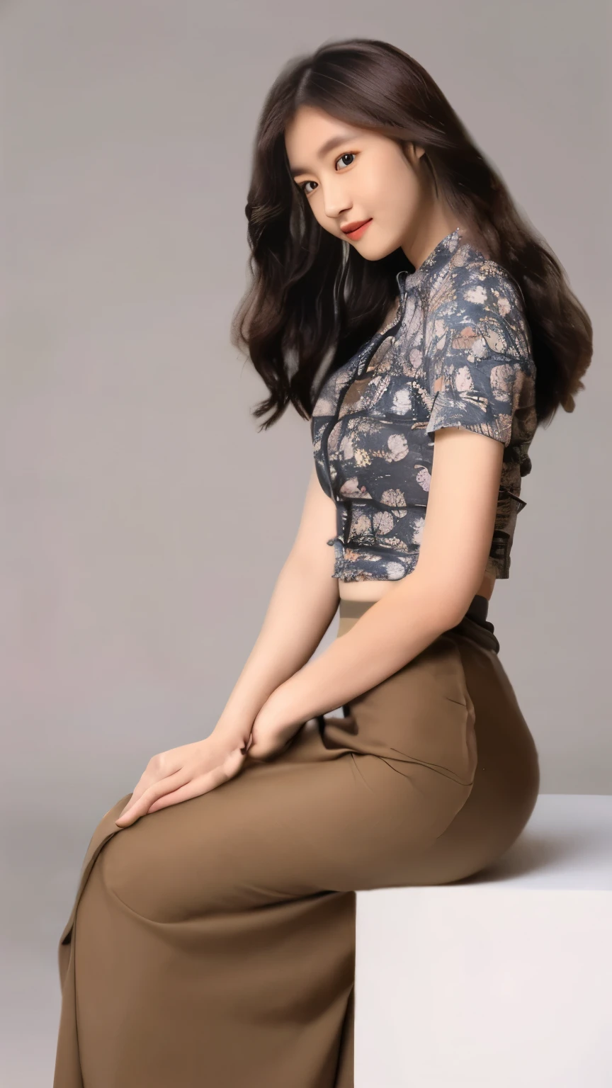 Professional line art style, (cute, cartoon, 3d rendering), (best quality, 4k, 8k, highres, masterpiece:1.2), ultra-detailed, (realistic, photorealistic, photo-realistic:1.2), vivid colors, professional 3D rendering, captivating background, soft lighting.
A cute girl, (closed mouth:1.1), perfect face, white pale skin, smile, (white skin:1.15), (slender body), perfect proportions, (narrow waist:0.5), (brown hair:1.2), (messy bob wavy haircut:1.1), ((nice hands, perfect hands)) free hands.
1girl, solo, 1character, standing, (full body:1.2), (front view:1.25), (cute posture).
((acmm ss outfit:1.2), (wearing acmm top:1.1), grey acmm top, short sleeves, buttons), ((wearing acmm long skirt), light brown acmm long skirt), C4D, wearing heels.