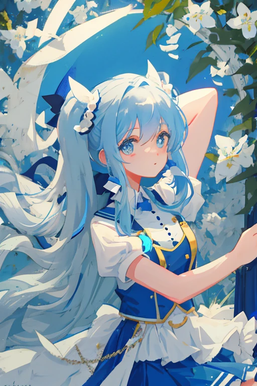 Blue and white long hair, soft sided hair, double ponytails