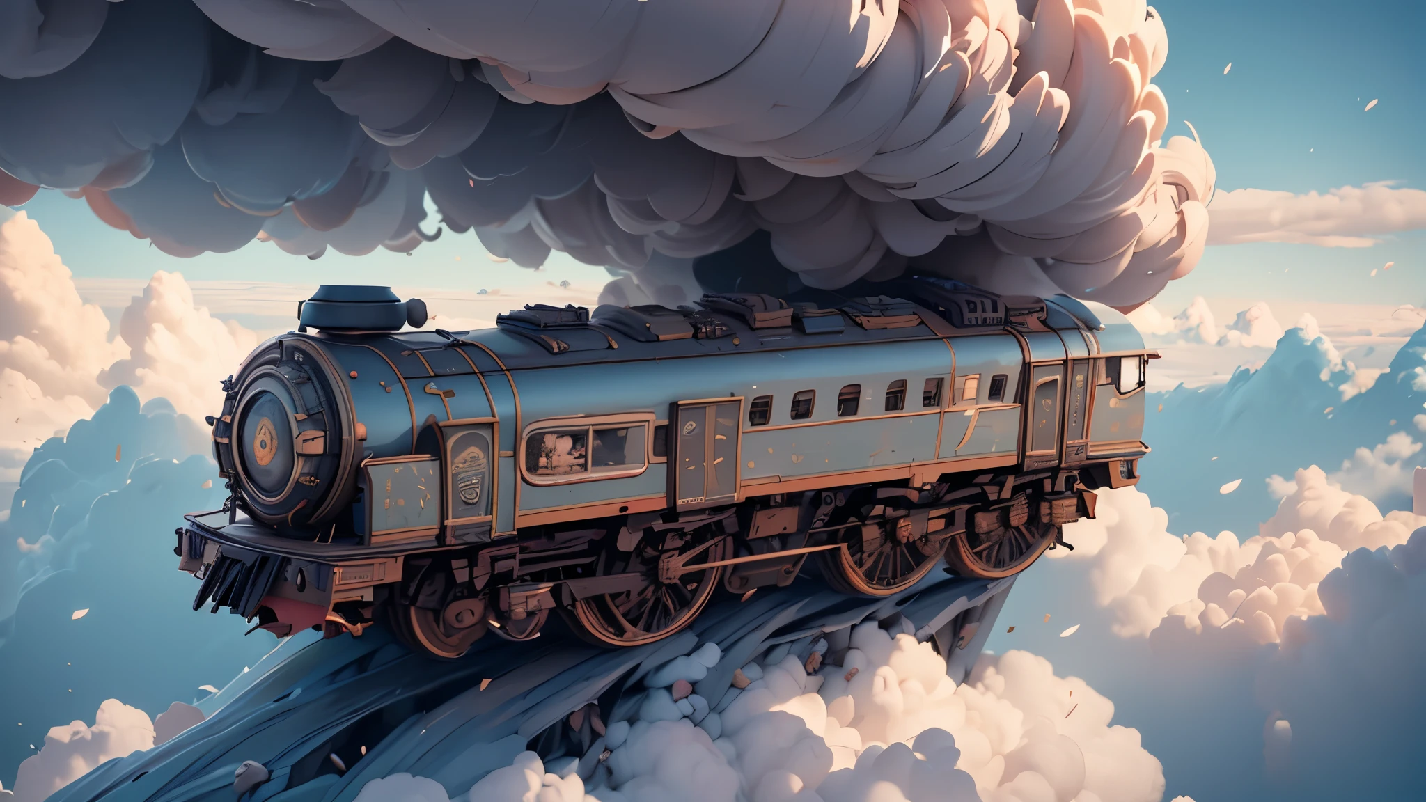 "Create an image of maximum quality with advanced levels of detail, cinematic style, and extreme realism, depicting a surreal scene of a train traveling above the clouds. Explore innovative techniques to accurately capture details of the train, clouds, and the surrounding environment. Use enhanced lighting to create a unique and realistic atmosphere, highlighting the fusion between the earthly world and the ethereal realm of the clouds. The final image should convey a sense of wonder and fantasy, combining advanced technical elements with the magic of an extraordinary setting."