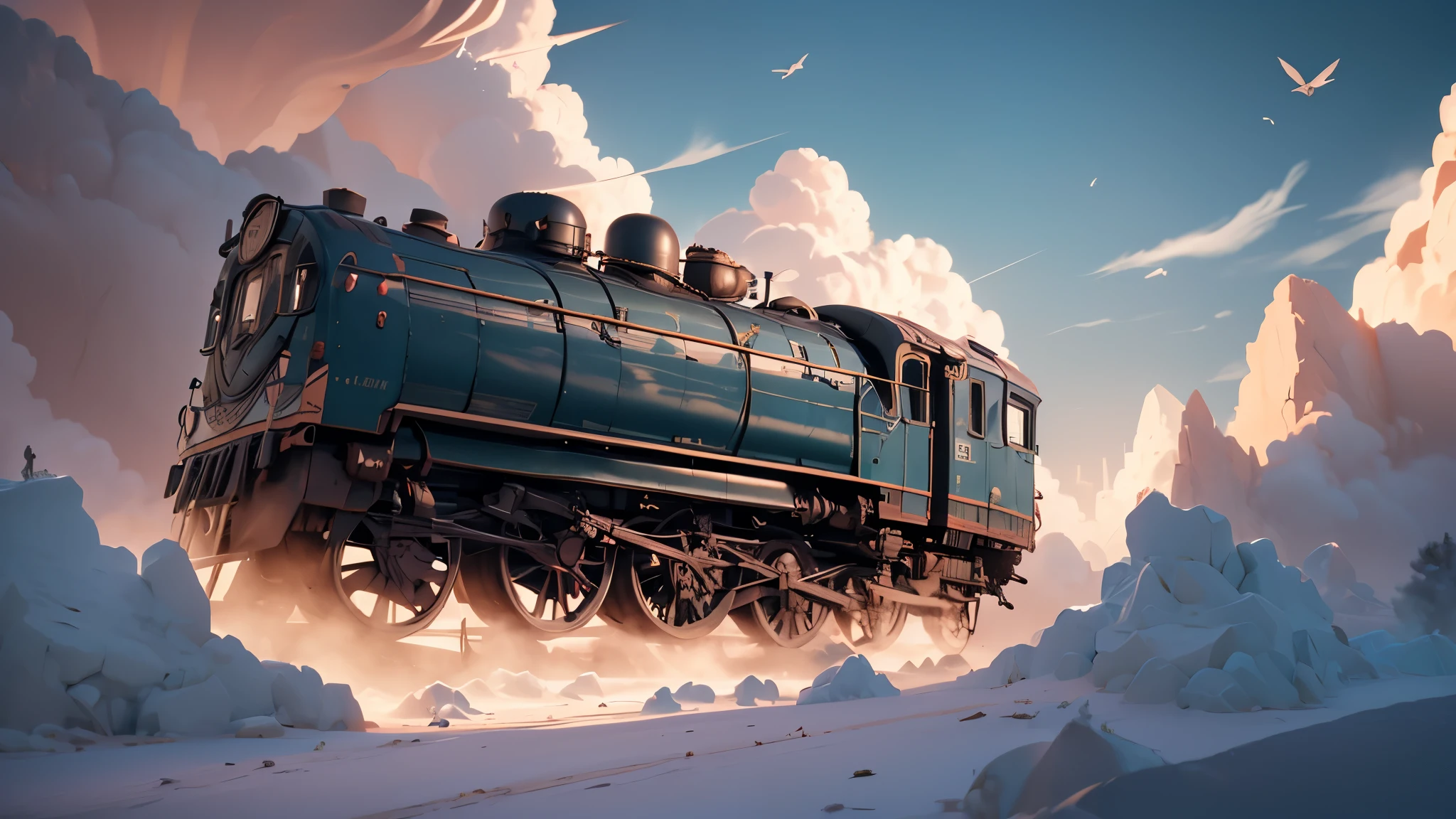 "Create an image of maximum quality with advanced levels of detail, cinematic style, and extreme realism, depicting a surreal scene of a train traveling above the clouds. Explore innovative techniques to accurately capture details of the train, clouds, and the surrounding environment. Use enhanced lighting to create a unique and realistic atmosphere, highlighting the fusion between the earthly world and the ethereal realm of the clouds. The final image should convey a sense of wonder and fantasy, combining advanced technical elements with the magic of an extraordinary setting."