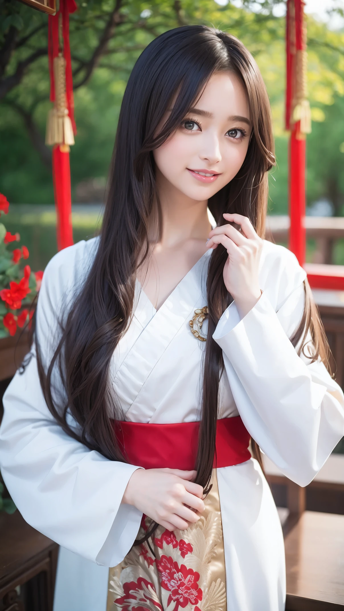 masterpiece, best quality, 1girl, solo, long hair, looking at viewer, smile, bangs, hair ornament, red eyes, long sleeves, sexy dress, standing, collarbone, Dark hair, brown hair, sexy alternate costume, wide sleeves, tree, sexy micro chinese clothes, hairpin, hanfu, ningguang (genshin impact), Ningguang, big breasts, perfect body 