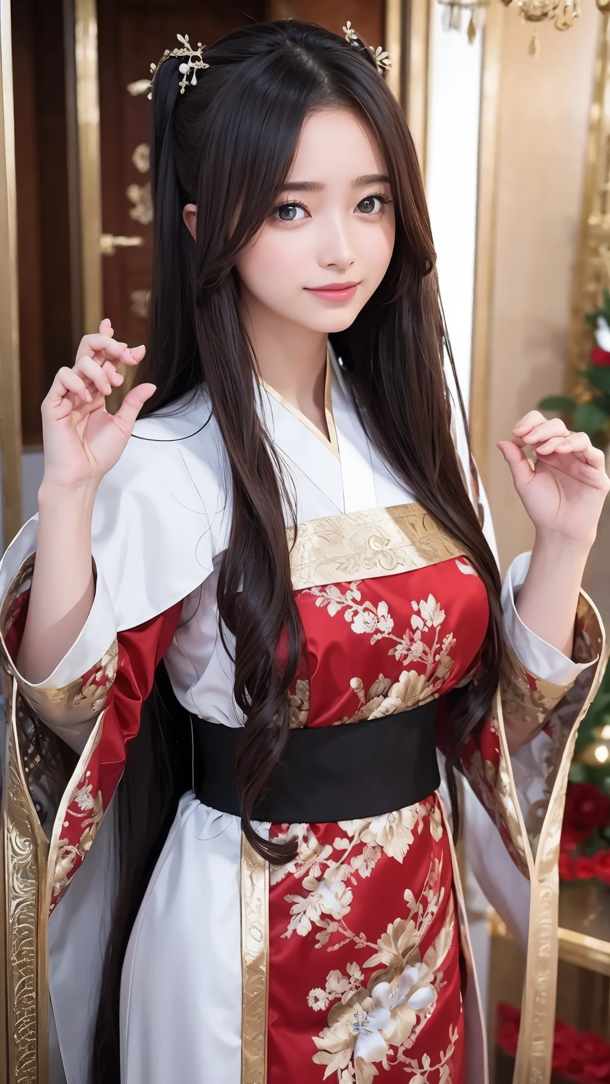 masterpiece, best quality, 1girl, solo, long hair, looking at viewer, smile, bangs, hair ornament, red eyes, long sleeves, sexy dress, standing, collarbone, Dark hair, brown hair, sexy alternate costume, wide sleeves, tree, sexy micro chinese clothes, hairpin, hanfu, ningguang (genshin impact), Ningguang, big breasts, perfect body 