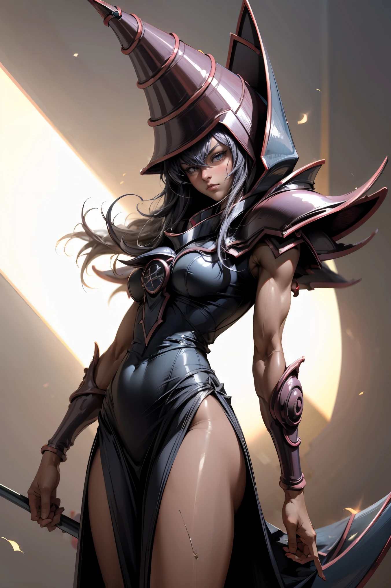 (Obra maestra:1.2), (La mejor calidad:1.2), Perfect lighting, Chica Maga Oscura lanzando un hechizo, In his twenties, flotando en el aire, tetas grandes, escote, blue robe, sombrero grande, desde arriba, Destellos, Yugioh juego, Magic of the Heart. Heart lights, Romantic Heart