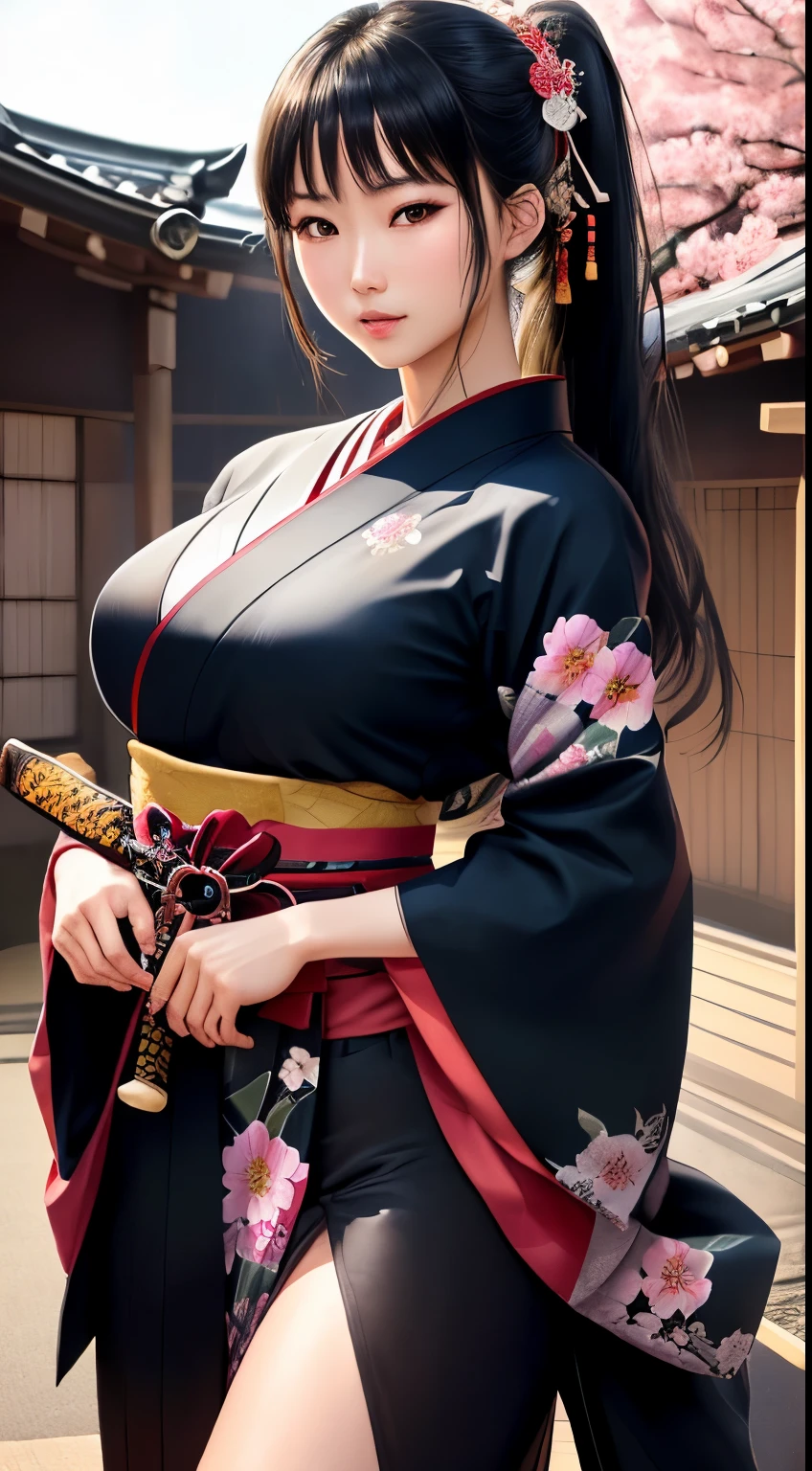 NSFW、最high quality、high quality、best image quality、8K、最High resolution、High resolution、最high quality、masterpiece、Extreme close-up portrait、Raw photo、realistic atmosphere、(detailed face)、(fine hands、thumb1reference4)、(beauty of japan )、very nice face、cute face、((beautiful japanese girl))、(japanese woman), ((18 year old beautiful girl))、(glossy black hair)、(straight long hair)、(ponytail)、whole body、slim style、(shiny skin)、(Fair skin, Glossy skin)、real human skin、realistic human body structure、perfect body, perfect face, perfect hands, perfect fingers, perfect lips, perfect eyes,perfect teeth、perfect background, perfect atmosphere, natural soft light、photon mapping、japanese samurai、japanese samurai、Japanese swordsman、((Japanese swordを手に持つ日本の女武士))、(Girl wearing Japanese samurai costume)、warrior girl、Japanese sword、japanese traditional、((Japanese sword(gently curved long sword))、((floral kimono(Sheer、sexy、transparent、erotic))、((鋭いJapanese swordを手に持つ女の子))、In front of a samurai residence in Japan、((random color floral pattern(samurai kimono、Hakama with slit))、A dynamic stance that reflects the swordsmanship cultivated as a samurai.、sword-drawing posture、Iainuki stance、