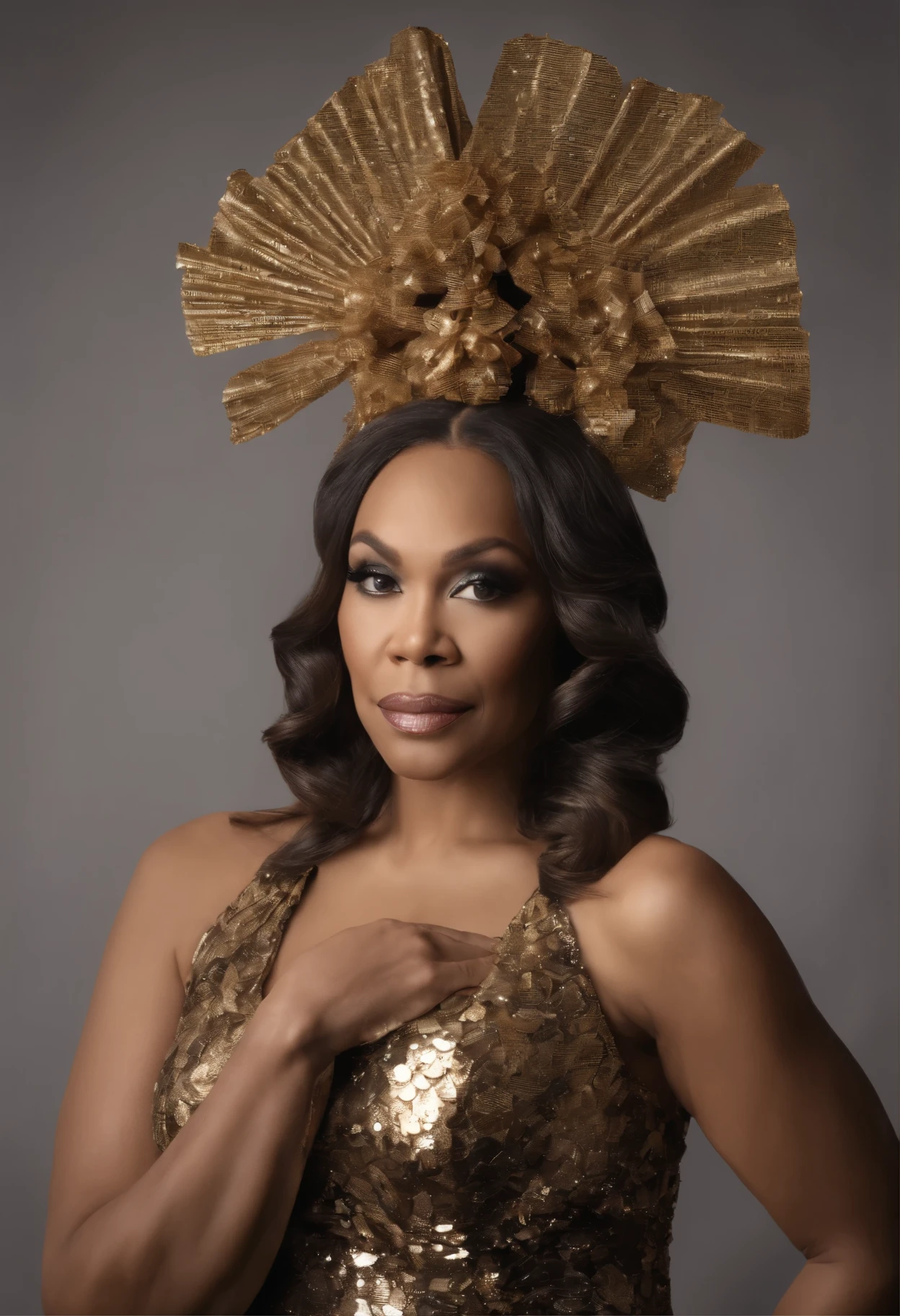 Wendy williams in a full length black and gold sequin mermaid gown with a headpiece made of poker cards