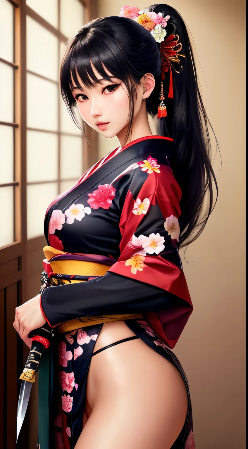 NSFW、最high quality、high quality、best image quality、8K、最High resolution、High resolution、最high quality、masterpiece、Extreme close-up portrait、Raw photo、realistic atmosphere、(detailed face)、(fine hands、thumb１reference４)、(beauty of japan )、very nice face、cute face、((beautiful japanese girl))、(japanese woman), ((18 year old beautiful girl))、(glossy black hair)、(straight long hair)、(ponytail)、whole body、slim style、(shiny skin)、(Fair skin, Glossy skin)、real human skin、realistic human body structure、perfect body， perfect face， perfect hands， perfect fingers， perfect lips， perfect eyes，perfect teeth、perfect background， perfect atmosphere， natural soft light、photon mapping、japanese samurai、japanese samurai、Japanese swordsman、((Japanese swordを手に持つ日本の女武士))、(Girl wearing Japanese samurai costume)、warrior girl、Japanese sword、japanese traditional、((Japanese sword(gently curved long sword))、((floral kimono(Sheer、sexy、transparent、erotic))、((鋭いJapanese swordを手に持つ女の子))、In front of a samurai residence in Japan、((random color floral pattern(samurai kimono、Hakama with slit))、A dynamic stance that reflects the swordsmanship cultivated as a samurai.、sword-drawing posture、Iainuki stance、