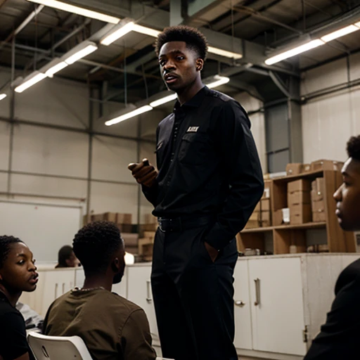 A black Leader addressing his team in a factory