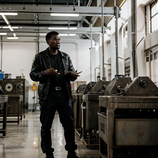 A black Leader addressing his team in a factory 
