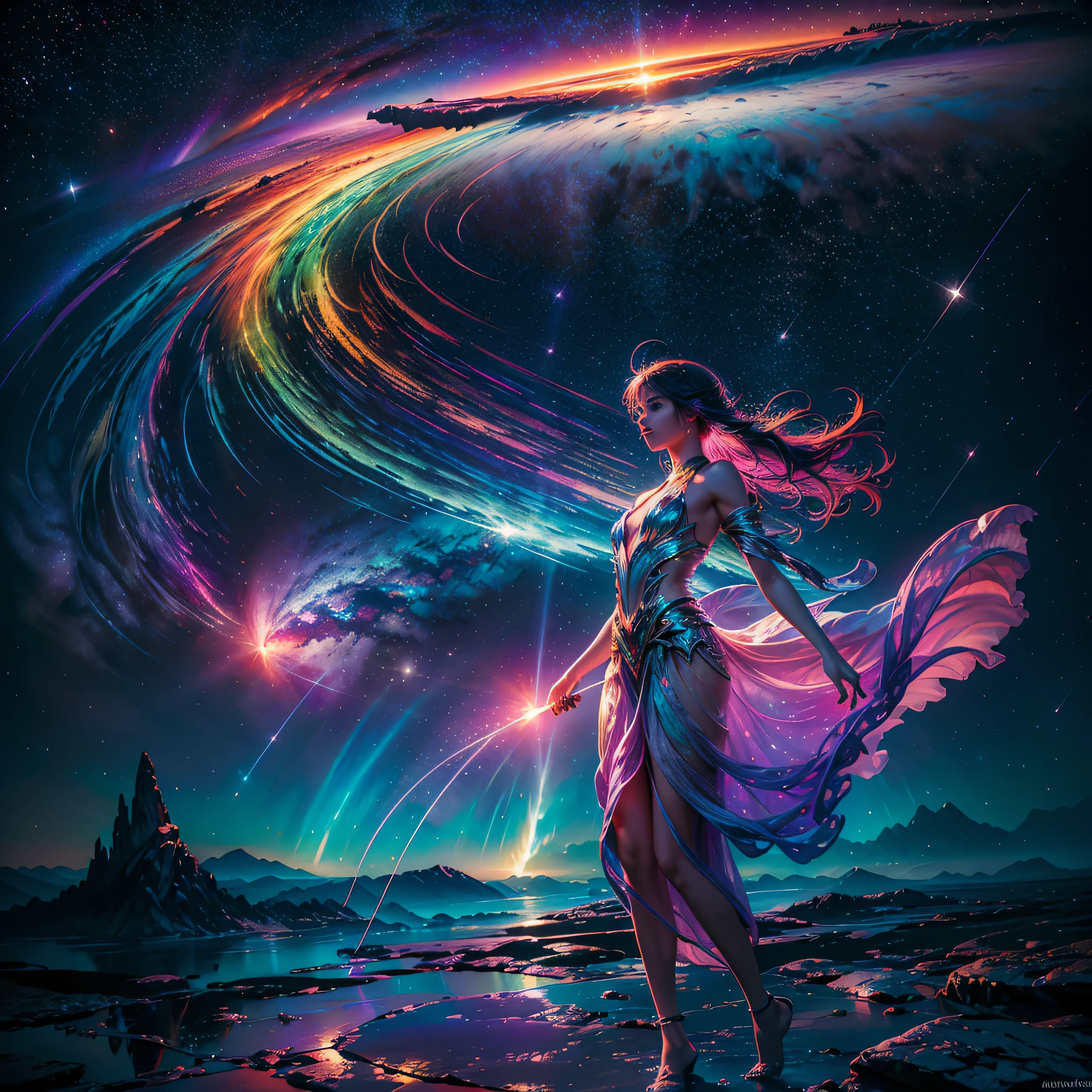 Hyper Vibrant Nebulae Octans by_Mappa Spacious Starry_sky ((🎈Sunset epic sunshine parabolic sunrise Rain_Color Colorful_liquid_on_naked_body:1.3 Colorful_body Colorful_ink_on_hair:1.2 Rainbow Abundant_colorful_liquids White_liquid fullbodye wet_Color_liquid)) In the vast expanse of the cosmos, a breathtaking image unfolds before your eyes. In the heart of a starry galaxy, vibrant nebula dance and swirl, their ethereal colors blending and intertwining. The scene is a symphony of cosmic beauty, with tendrils of interstellar dust and gas reaching out into the void. The stars shine with an otherworldly brilliance, illuminating the cosmic tapestry that stretches across the vastness of space. It is a visual feast for the senses, an awe-inspiring glimpse into the wonders of the universe. BREAK,Detailed,Realistic, highly detailed digital art,octane render, bioluminescent, BREAK,by Mappa studios,masterpiece,best quality,official art,illustration,ligne claire,(cool_color),perfect composition,absurdres, fantasy,focused,rule of thirds masterpiece meticulously intricate 🎠deep path equirectangular🎡 ultra_high-details extreme improved ultra_high-quality ultra_high-res ultra_photo-realistic optimal ultra_sharpness perfection accurate volumetric SunLight Lightning_contrast global_illumination cgi vfx sfx reflex Octane_rendered ultra_high-def UHD XT3 DSLR HDR romm rgb pbr 3dcg fxaa blu-ray vivid colors-coded anti-aliasing fkaa txaa rtx ssao opengl-shaders glsl-shaders post-processing post-production cell-shading tone-mapping ❤luminescence 😘glow 👩Heart hearth Crystalline butterfly earth invoke monarch magic fleuraison monster monstrous creature sundrop slide onyx summon transparent ruby Earth hearth bloom flash Tourmaline opal strange glow hole reflection varies multi etc. --s 1000 --c 20 --q 20 --chaos 100