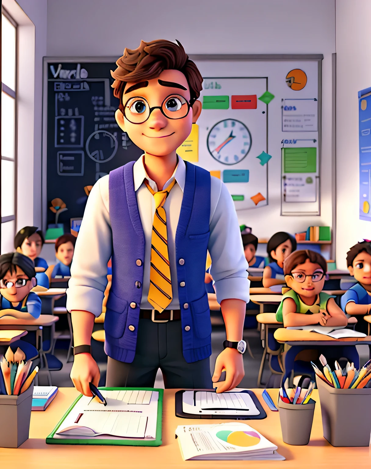 Em um ambiente escolar vibrante, o HOMEM JOVEM, 23 anos, de barba grande, round glasses a la Harry Potter, cabelos pretos e sorriso cativante, circulates among students from 1st to 9th year. He distributes school supplies and helps children solve challenges with enthusiasm. Mesas repletas de cadernos coloridos, pencils and books surround the whiteboard where he explains complex concepts in a fun way. Brinquedos educativos complementam a cena, enquanto murais inspiradores destacam a jornada de aprendizado. O HOMEM JOVEM irradia paixar o pelo ensino, tornando o "School Reinforcement Facilitates" um lugar acolhedor e inspirador para crescer