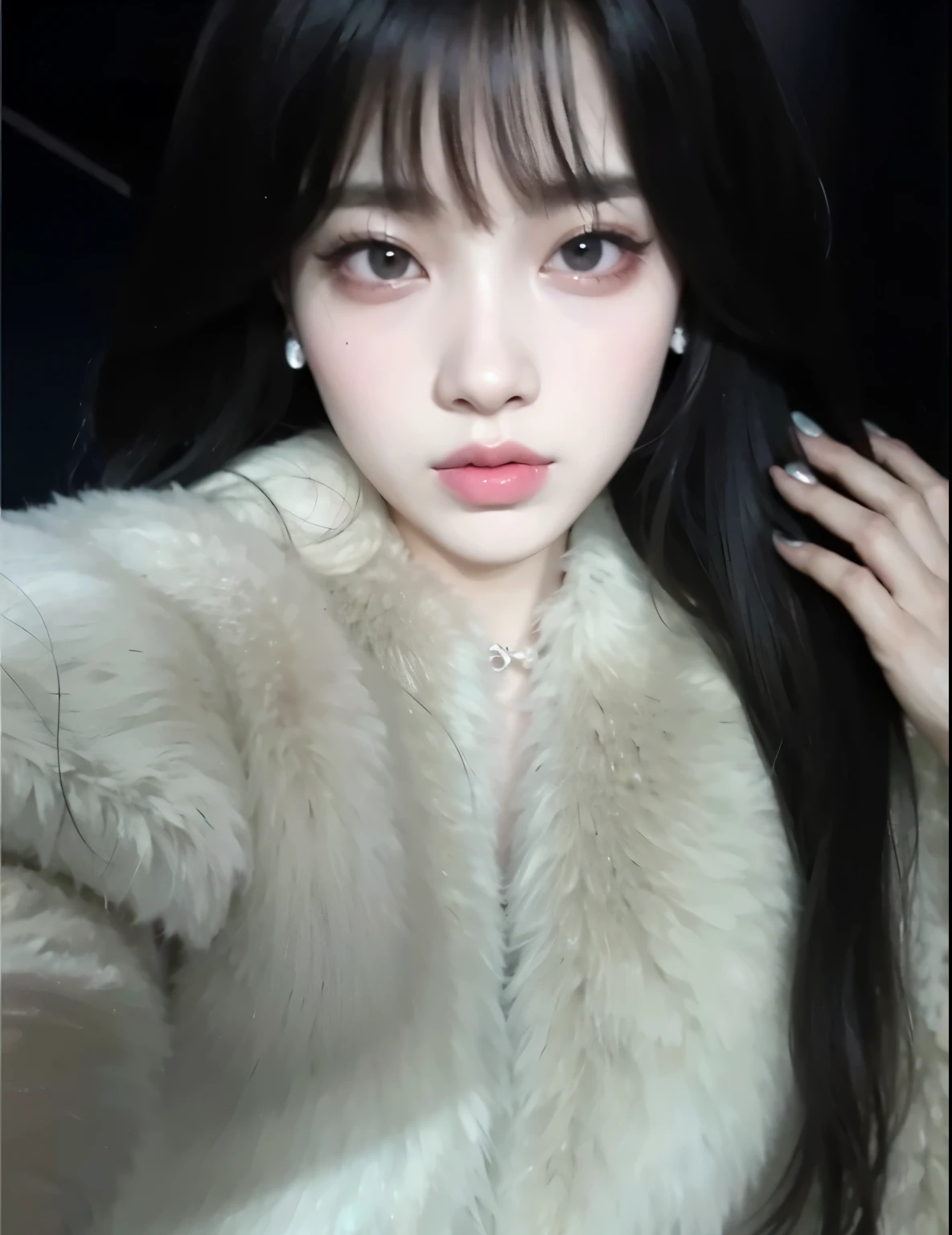 garota araffe com longos cabelos negros vestindo um casaco de pele branco, Ulzzang, pale, snow-white skin, maquiagem sul-coreana popular, maquiagem coreana popular, cruel korean goth girl, coreana, Jinyoung Shin, adorable and pale korean face, ela tem cabelo preto com franja, Lalisa Manobal, pale milky white porcelain skin, young lovely korean face