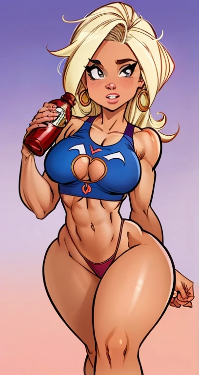 there a woman that standing em uma academia with a bottle, retrato de corpo inteiro segurando garrafa, apta, mulher em forma, corpo fitness ifbb, garota bebe energia monstruosa, no estilo da pintura digital, mulher fisiculturista, em uma academia, Modelo de fitness, pernas fortes, Physical aptitude, corpo em forma, becomes a curvy physique, feito com photoshop, garota musculosa