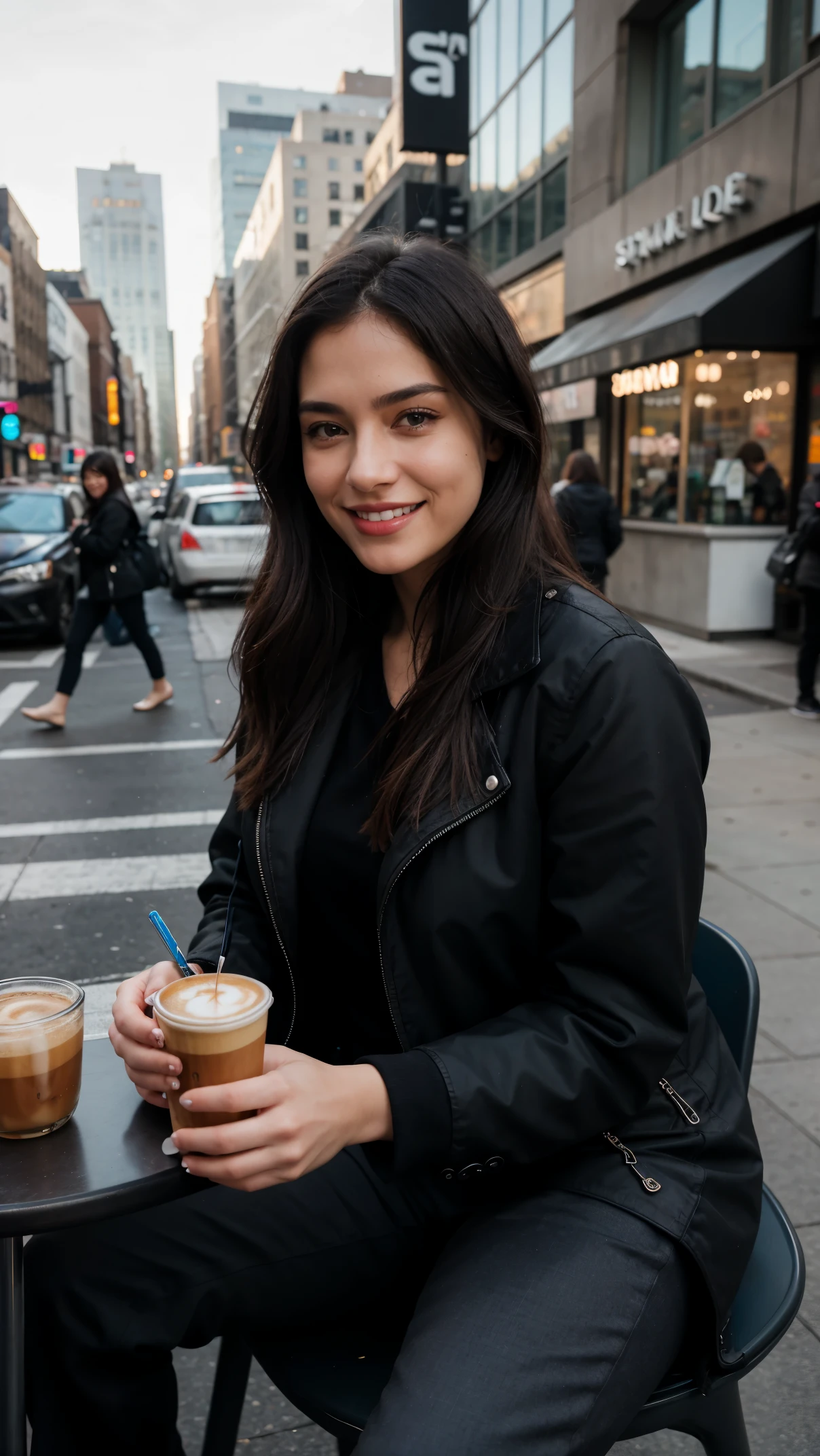 A 32K HDR Portrait of a woman sitting outdoors wearing a black jacket and blue slacks having a coffee and a realistic New York City background looking at the viewer cool smile