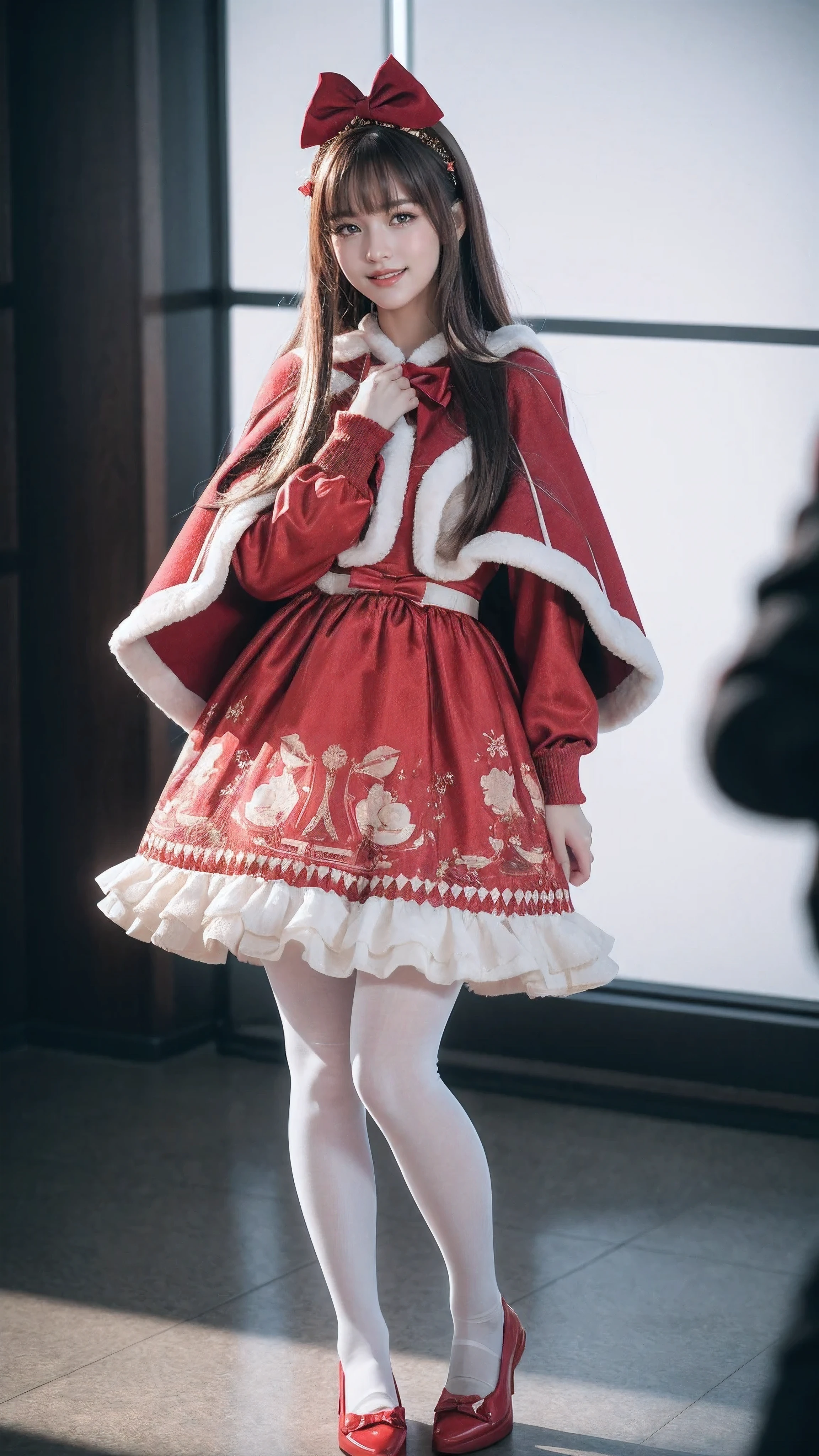 1girl, solo, standing, long straight hair, looking at viewer, full body, smile, cyb dress, long sleeves, print dress, capelet, bow, hair bow, hair hair ornament, white pantyhose, shoes, simle background, Raw, cinematic shot, (sharp focus:1.5), (photorealistic:1.4), twilight lighting, volumetric lighting, ultra high res, 16K,dramatic lighting,