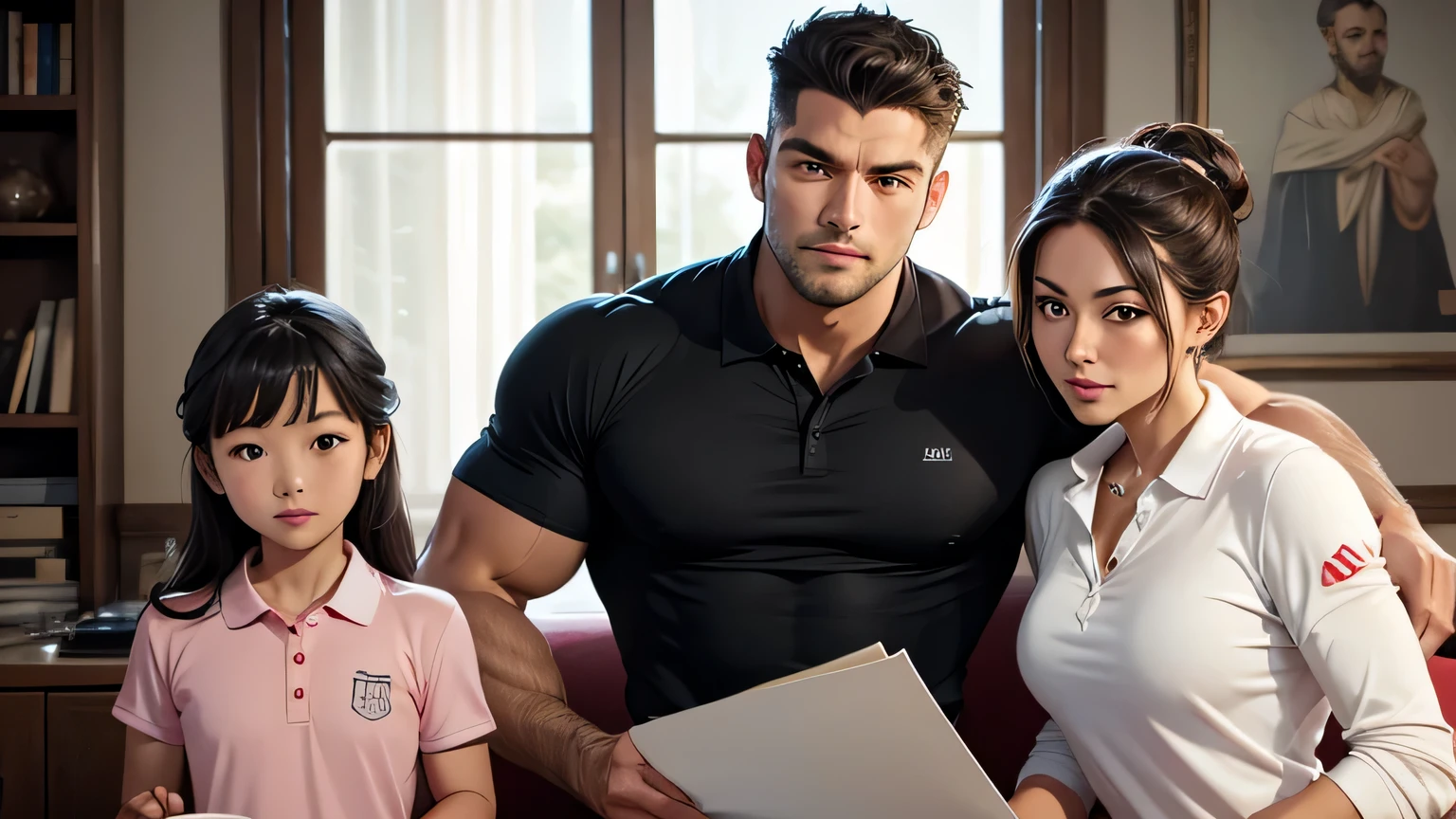 show me an image of a stoic king who has the musular physique of a chiseled grease monkey, muscles bulging through his dior polo shirt, at home with his wife and children