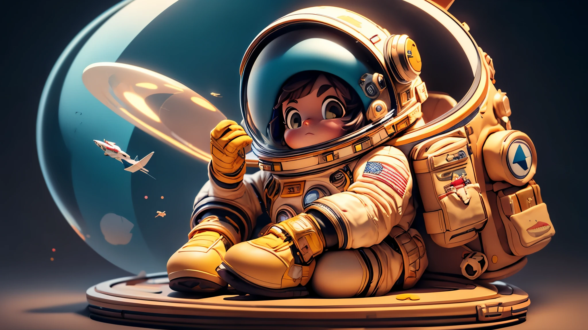 "Create an image with maximum quality, advanced details, cinematic style, and a cartoonish touch. Depict an astronaut in space, sitting atop their rocket, contemplating the future. Explore advanced techniques to blend realism with cartoon elements, highlighting playful and expressive features of the scene. Use vibrant lighting to bring the scene to life, emphasizing emotions on the astronaut's face. The final image should convey a unique fusion of the space environment, cinematic realism, and the charming appeal of cartoon style."