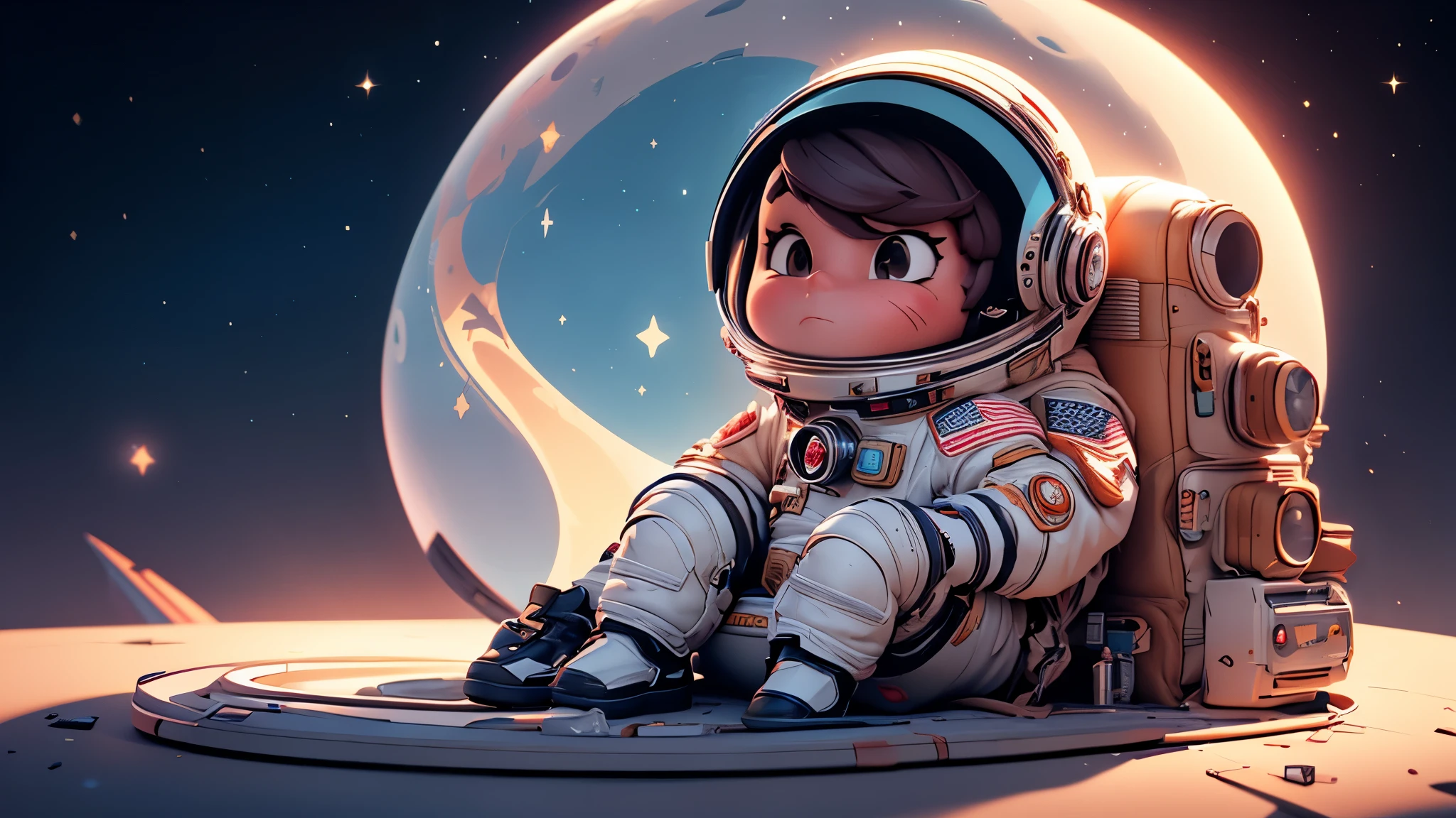 "Create an image with maximum quality, advanced details, cinematic style, and a cartoonish touch. Depict an astronaut in space, sitting atop their rocket, contemplating the future. Explore advanced techniques to blend realism with cartoon elements, highlighting playful and expressive features of the scene. Use vibrant lighting to bring the scene to life, emphasizing emotions on the astronaut's face. The final image should convey a unique fusion of the space environment, cinematic realism, and the charming appeal of cartoon style."