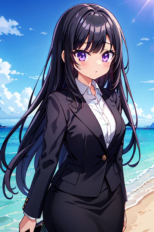 1girl, black hair, purple eyes, long hair, beach background, suit, office lady, black skirt, black blazer, pencil skirt, skirt suit, medium skirt, white shirt, collared shirt, long hair, teenager, looking at viewer, full body, high school girl, jk,  girl,