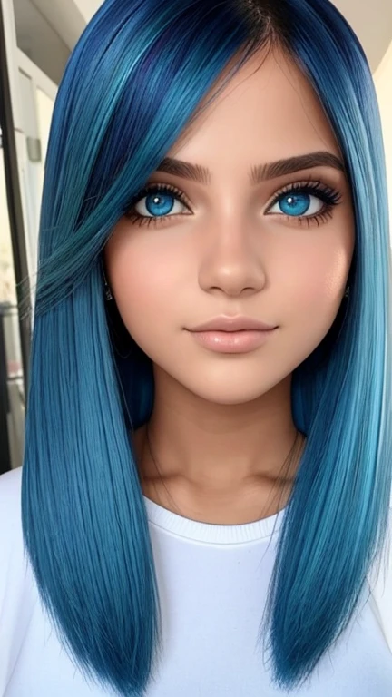 1 menina com cabelo azul claro longo, saia branca, close do rosto