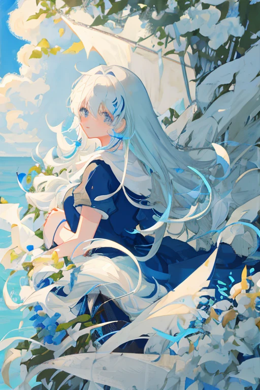 Long blue and white hair with soft hair on both sides