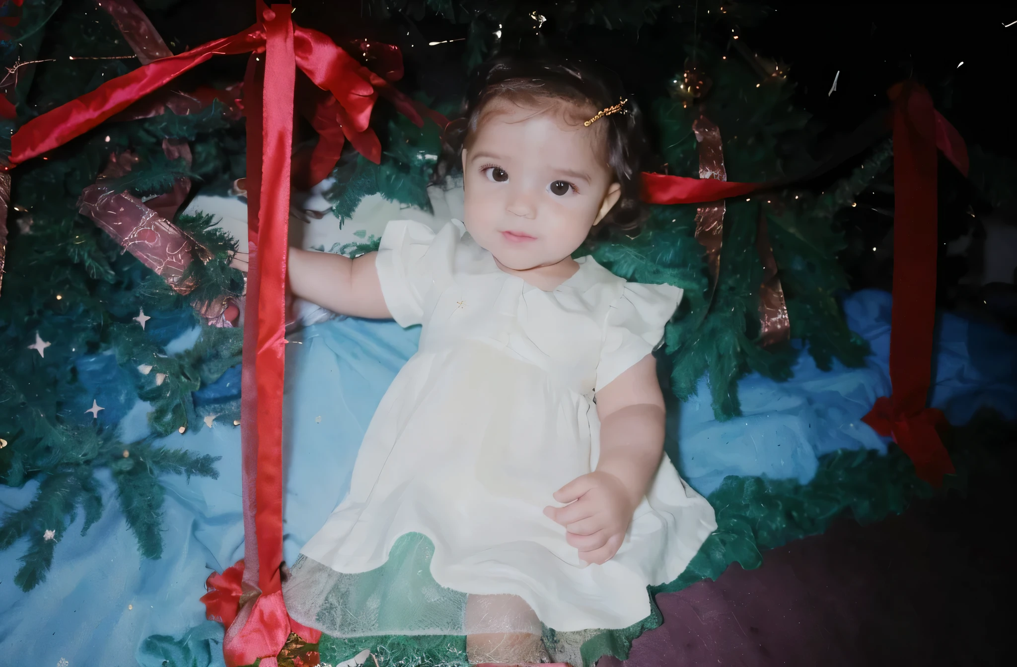 bebe de 1 ano com vestido branco de natal e com o cabelo curto e com pele parda