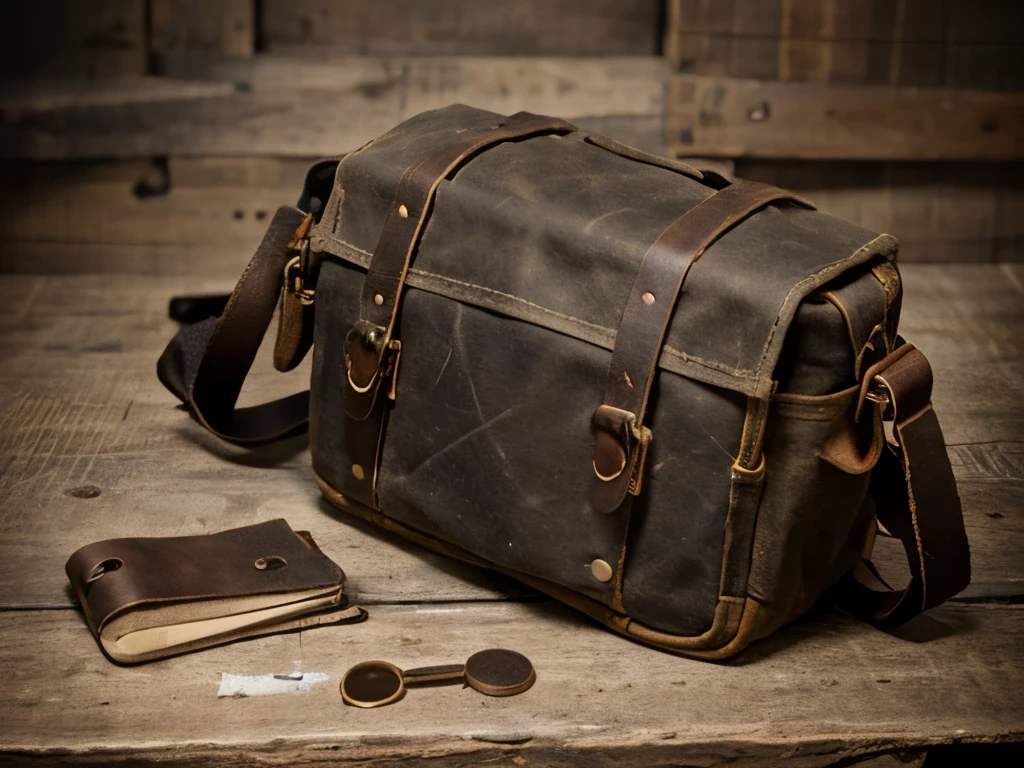 camera bag made of wax canvas and leather material, classic camera, notepad, pen, product photography