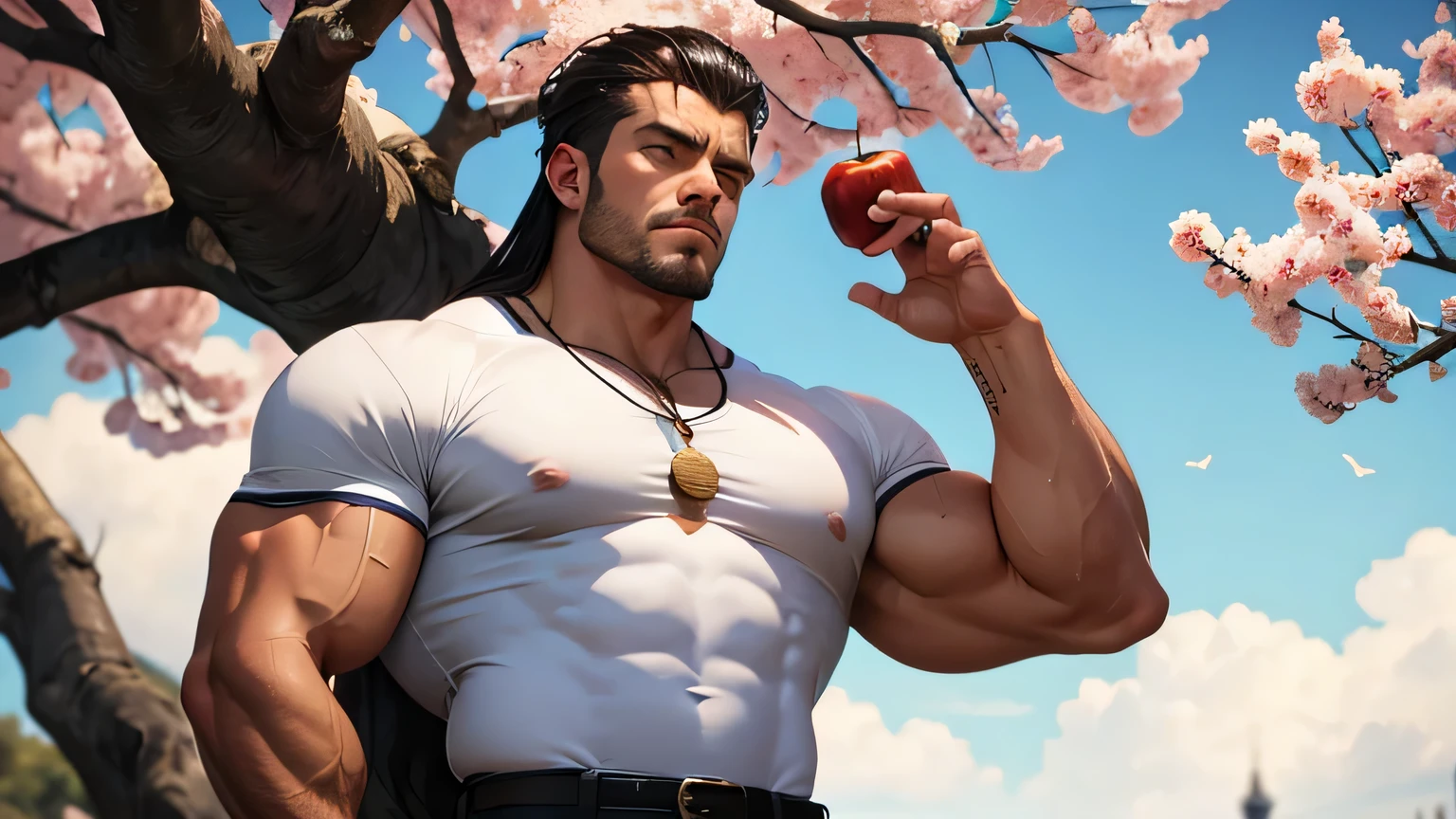 show me an image of a stoic king who has the musular physique of a chiseled grease monkey, muscles bulging through his white shirt, pondering the meaning of life under an apple tree