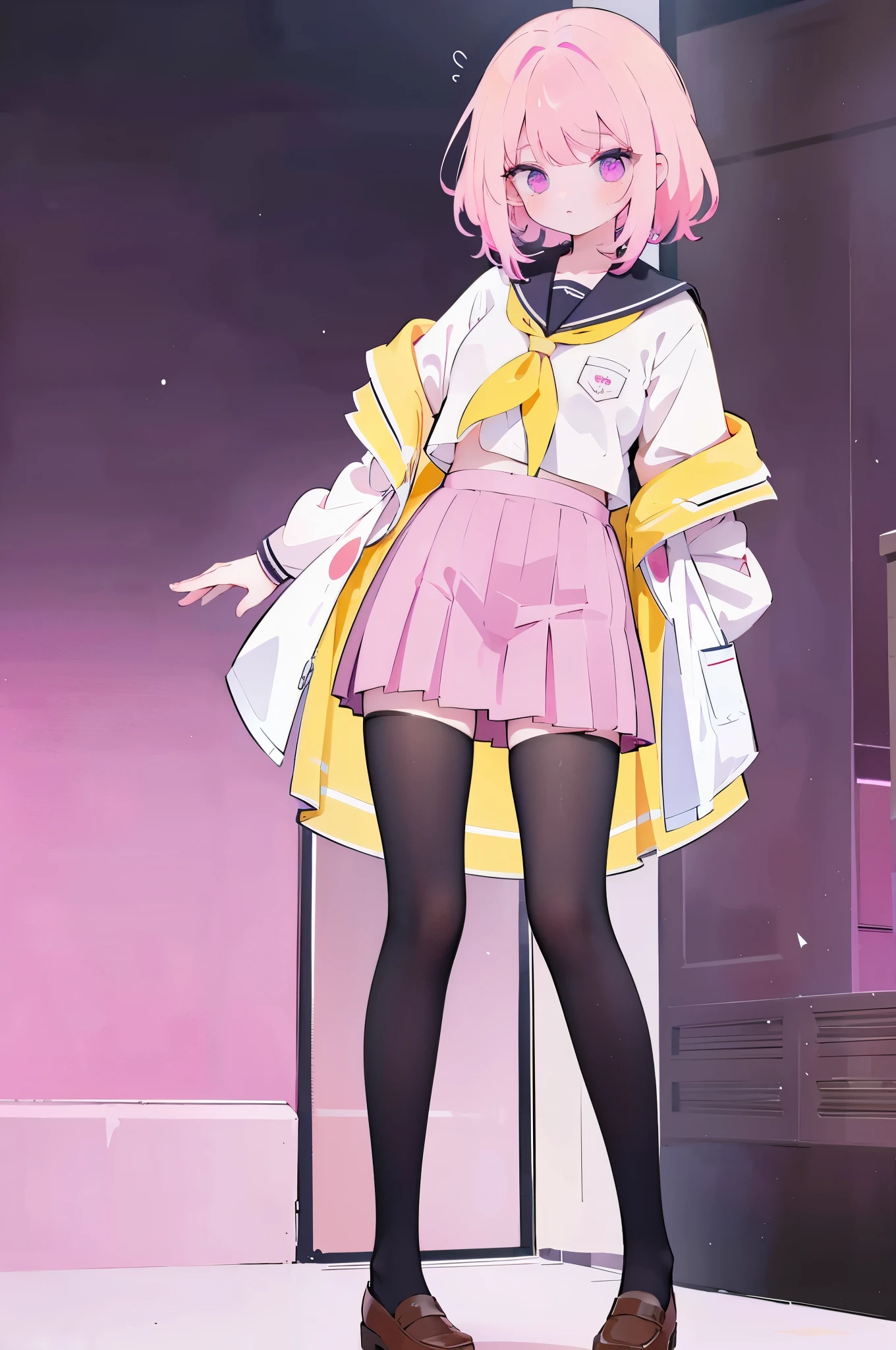 full length girl, pink school uniform, yellow hair, Purple eyes, Background school, Embarrassed
