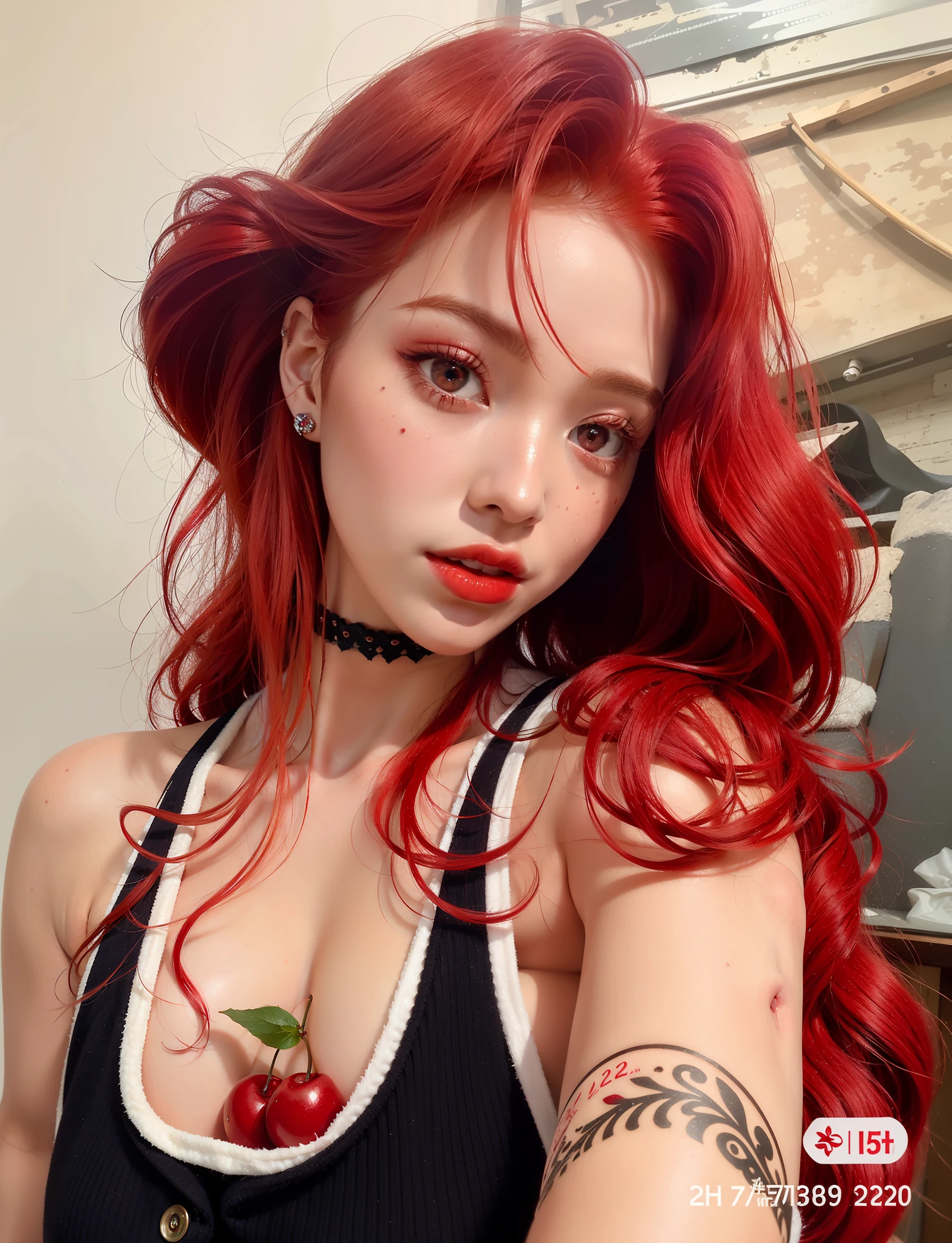 a close up of a woman with red hair and a cherry on her shoulder, red dyed hair, with long red hair, red wig, with red hair, with curly red hair, red crimson hair, crimson hair, bright red hair, red crimson crimson hair, red hair and attractive features, crimson red hair and red eyes, red hair, vibrant red hair