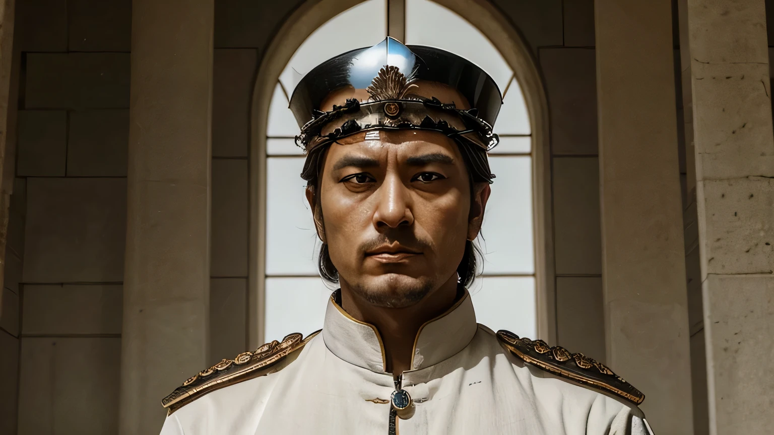 create me an image of a stoic emperor who rules the entire kingdom yet remains peaceful & silent