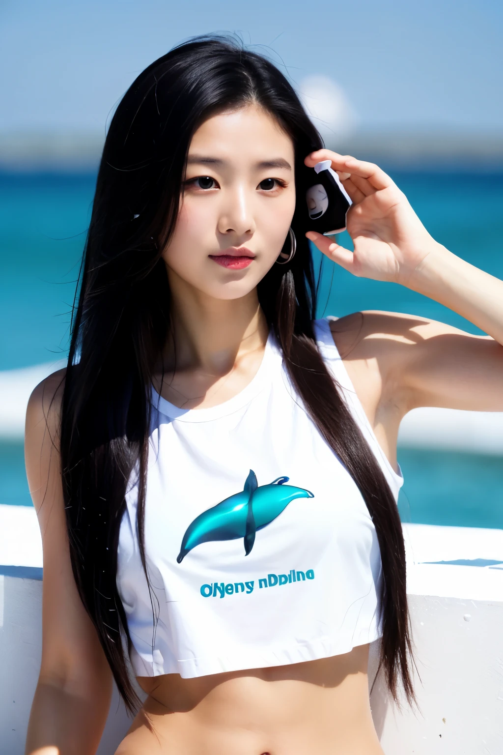 Beautiful woman with long black hair and gun　White dolphin on the background