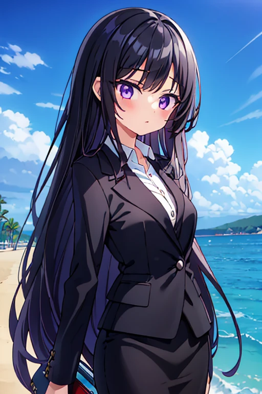 1girl, black hair, purple eyes, long hair, beach background, suit, office lady, black skirt, black blazer, pencil skirt, skirt suit, medium skirt, white shirt, collared shirt, long hair, teenager, looking at viewer, full body, high school girl, jk, 15 year old girl,