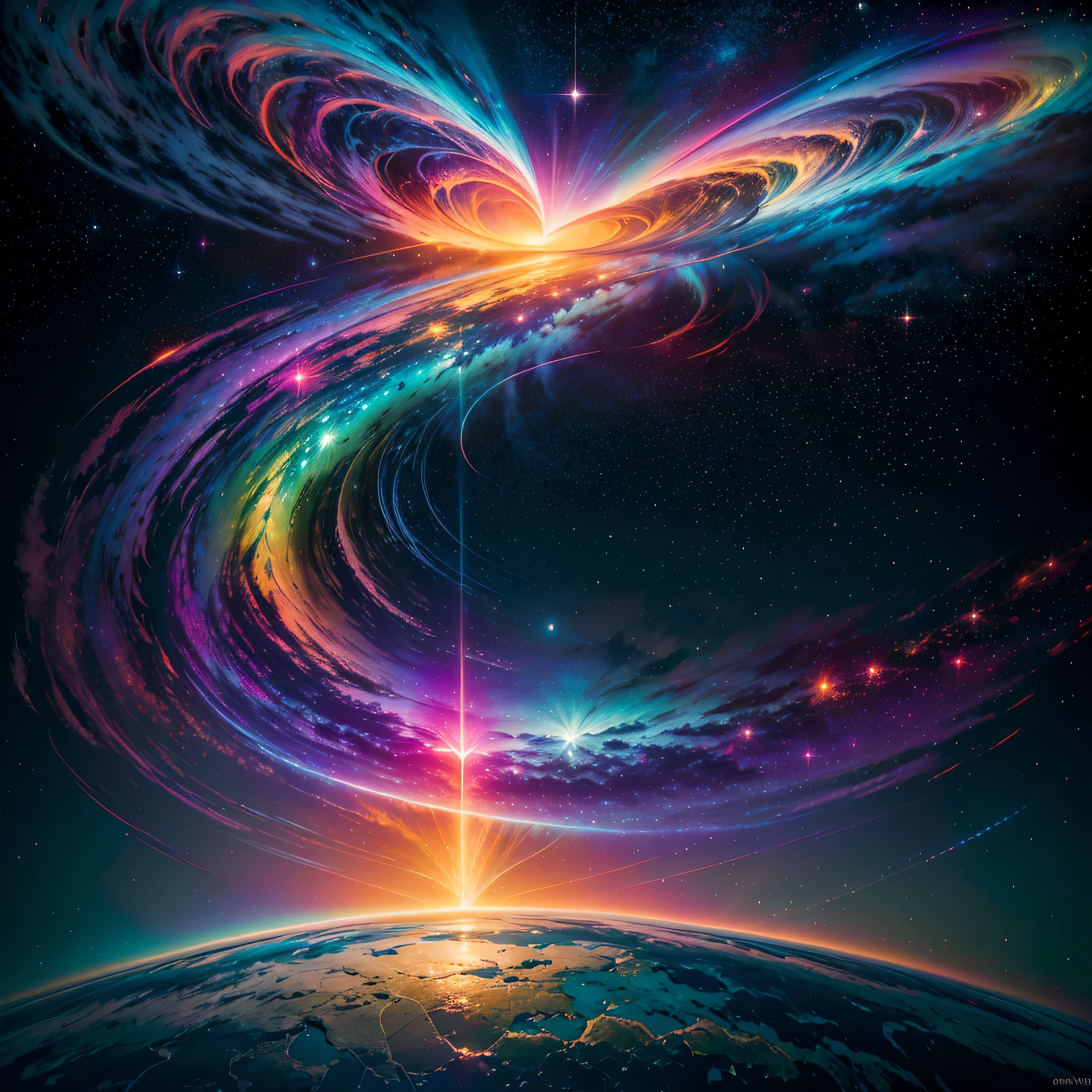 Hyper Vibrant Nebulae Octans by_Mappa Spacious Starry_sky ((🎈Sunset epic sunshine parabolic sunrise Rain_Color Colorful_liquid_on_naked_body:1.3 Colorful_body Colorful_ink_on_hair:1.2 Rainbow Abundant_colorful_liquids White_liquid fullbodye wet_Color_liquid)) In the vast expanse of the cosmos, a breathtaking image unfolds before your eyes. In the heart of a starry galaxy, vibrant nebula dance and swirl, their ethereal colors blending and intertwining. The scene is a symphony of cosmic beauty, with tendrils of interstellar dust and gas reaching out into the void. The stars shine with an otherworldly brilliance, illuminating the cosmic tapestry that stretches across the vastness of space. It is a visual feast for the senses, an awe-inspiring glimpse into the wonders of the universe. BREAK,Detailed,Realistic, highly detailed digital art,octane render, bioluminescent, BREAK,by Mappa studios,masterpiece,best quality,official art,illustration,ligne claire,(cool_color),perfect composition,absurdres, fantasy,focused,rule of thirds masterpiece meticulously intricate 🎠deep path equirectangular🎡 ultra_high-details extreme improved ultra_high-quality ultra_high-res ultra_photo-realistic optimal ultra_sharpness perfection accurate volumetric SunLight Lightning_contrast global_illumination cgi vfx sfx reflex Octane_rendered ultra_high-def UHD XT3 DSLR HDR romm rgb pbr 3dcg fxaa blu-ray vivid colors-coded anti-aliasing fkaa txaa rtx ssao opengl-shaders glsl-shaders post-processing post-production cell-shading tone-mapping ❤luminescence 😘glow 👩Heart hearth Crystalline butterfly earth invoke monarch magic fleuraison monster monstrous creature sundrop slide onyx summon transparent ruby Earth hearth bloom flash Tourmaline opal strange glow hole reflection varies multi etc. --s 1000 --c 20 --q 20 --chaos 100