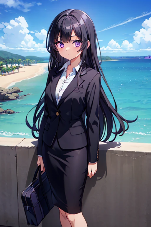 1girl, black hair, purple eyes, long hair, beach background, suit, office lady, black skirt, black blazer, pencil skirt, skirt suit, medium skirt, white shirt, collared shirt, long hair, ager, looking at viewer, full body, high school girl, jk, 15 year old girl,