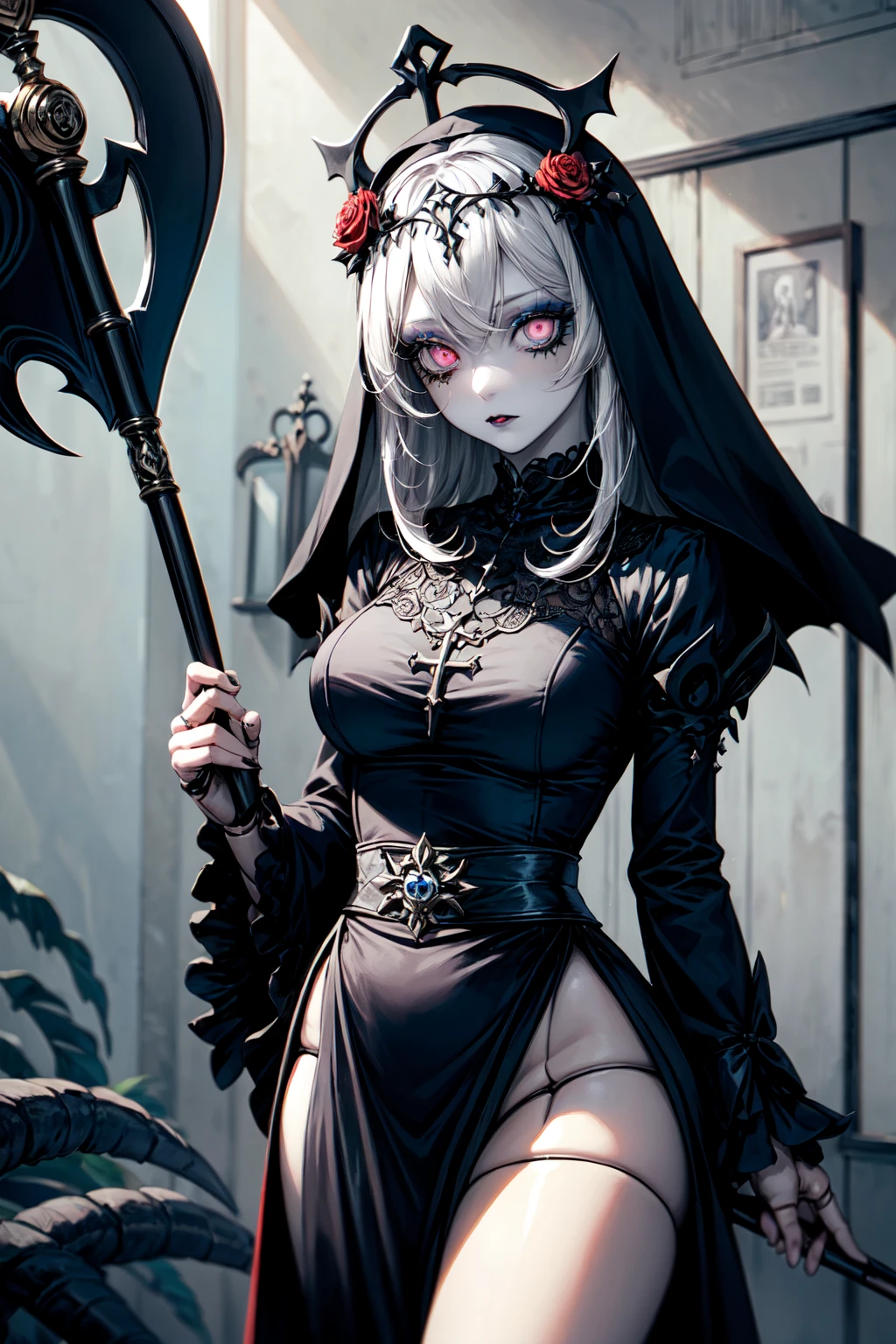 ((illustration)), (beautiful detailed eyes), beautiful, amazing, detailed eyes, (((masterpiece))), (realistic:0.5), best quality, female, solo_focus, ,insanevoid, glowing eyes, extra eyes, horror \(theme\),(doll joints:1.1), ((lifeless eyes)), ((goth nun)), ((gothic)), (insane:1.3), ((jointed doll)), ((pale white skin)), ((goth makeup)), ((straight posture)), ((goth flower crown)), (spikes), (rosaria from genshin impact), ((straight black hair)), ((black veil)), ((doll eyes)), (close up), ((waist)), ((holding scythe))