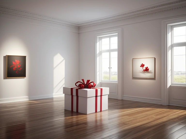 two gift boxes in white and red, tied with a bow, on a white isolated background. A little mysterious mood, the feeling of being in an art gallery, good pleasant lighting in the room, hyperrealistic style, a mood of beauty and relaxation, 4k