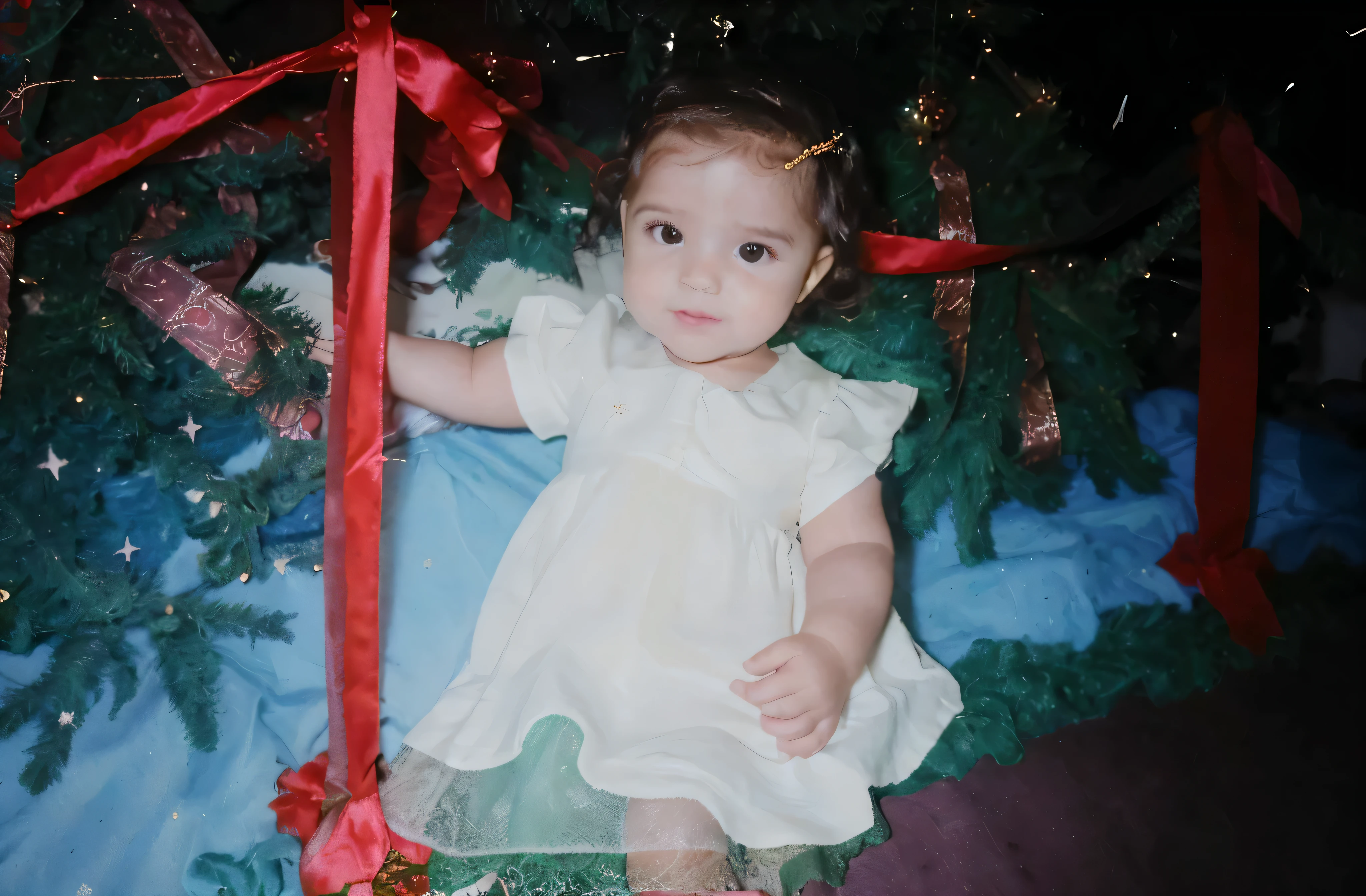 bebe de 1 ano com vestido branco de natal e com o cabelo curto e com pele parda