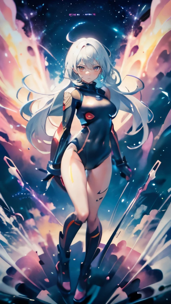 1girl, sandy hair fit body, slender thighs slender waist, full body pilot suit, solo looking at viewer in space long hair blushing determination, amazing anime design, 8k, floating in space