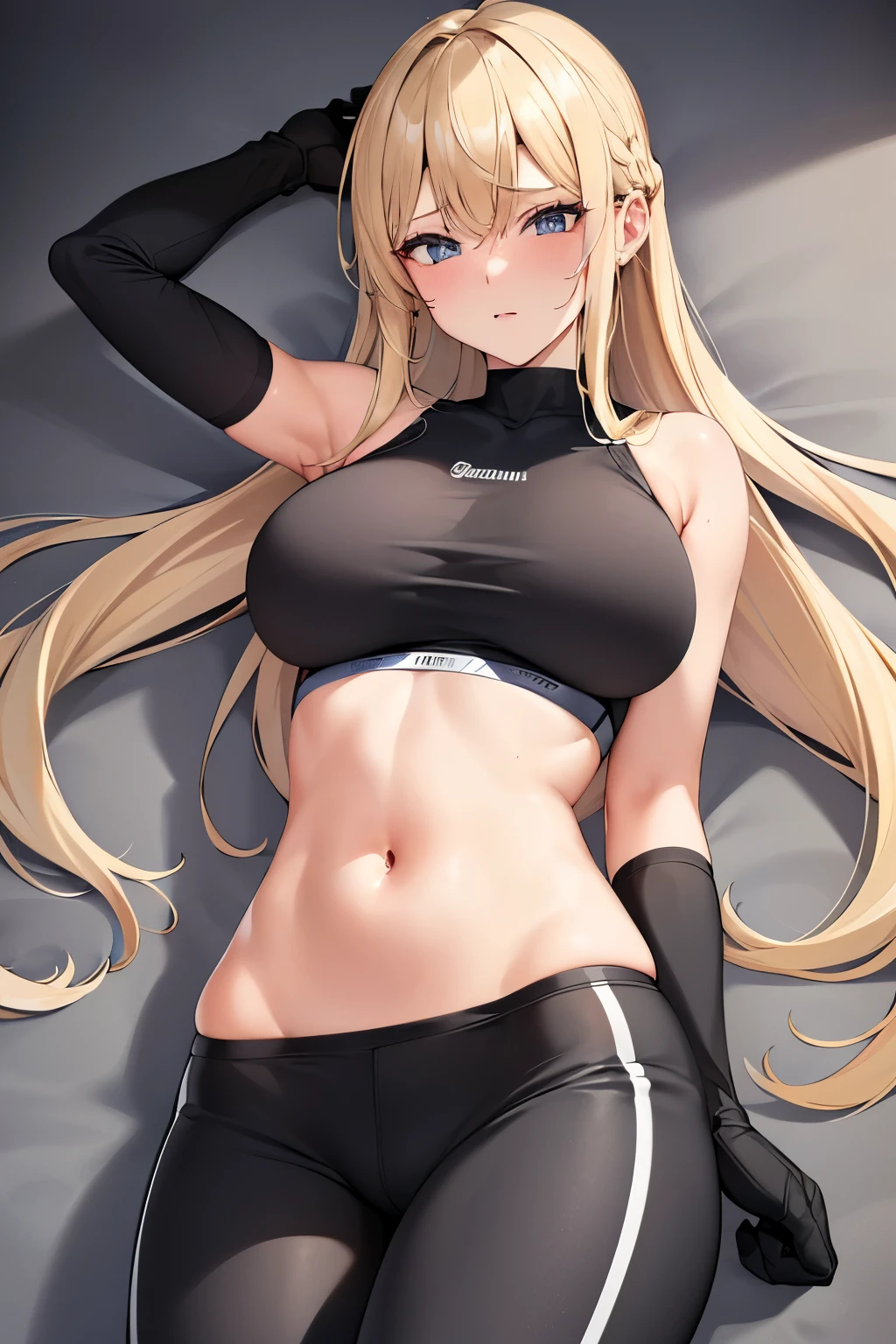 1girl, ((masterpiece, Best quality, high resolution, 4k)), beauty, Whole body to see, ((blondes haar, einen zopf)), ((blaue augen, realistische augen)), ((detaliertes gesicht, slightly flushed)), ((verschwitzt)), big boobs, dynamischer winkel, perfect body, ((wears sportswear, schwarze sporthose, schwarzes oberteil, bauchfrei)), ((perfect body, perfekter bauch, bauchmuskeln, schmaler bauch)), trainirt auf einem sportplatz, schwitzend