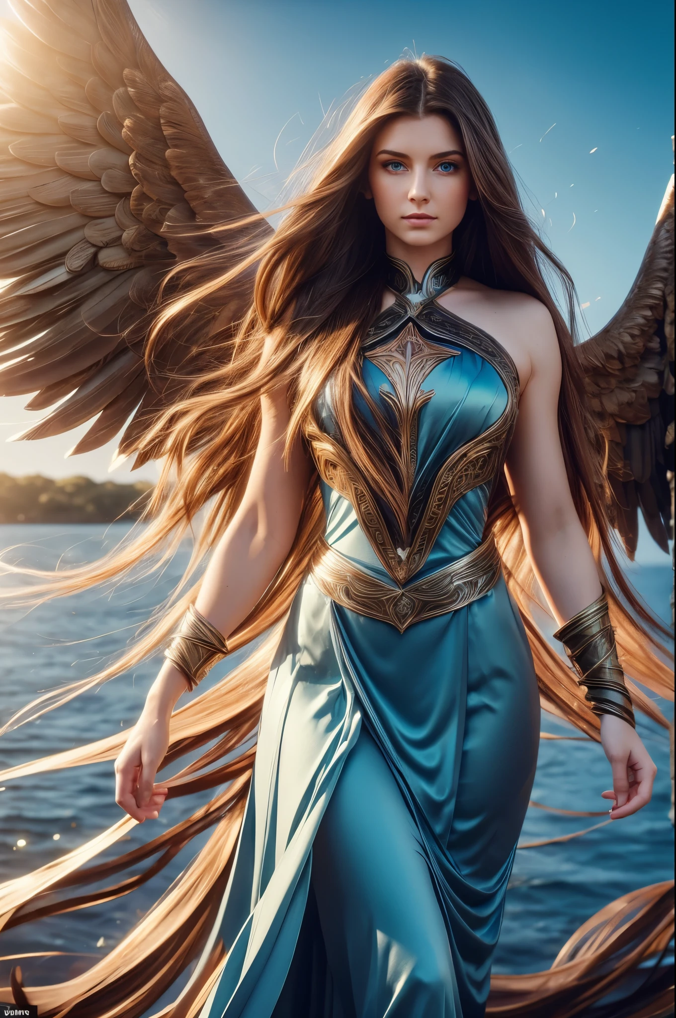 WINGED WOMAN, SAINT WOMAN, HUGE LONG HAIR, BROWN HAIR, HUGE BROWN FEATHERS, LONG BLUE DRESS, PALE SKIN, BLUE EYES, LIGHTING EYES, ROSY CHEEKS, MENTAL FORAMEN, ATHLETIC BODY, MUSCLES, LIGHTING AURA, BACKLIGHTS, SUN, RIVER, SAINT WOMAN, FRONT BODY VIEW, ANGEL FROM HEAVEN