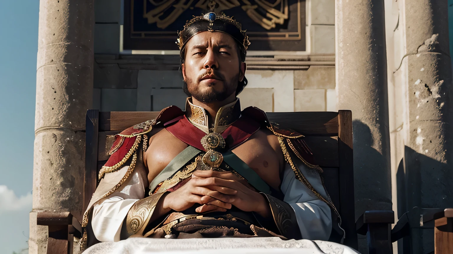 create me an image of a stoic emperor who rules the entire kingdom yet remains peaceful & silent pondering the meaning of life's pleasant things