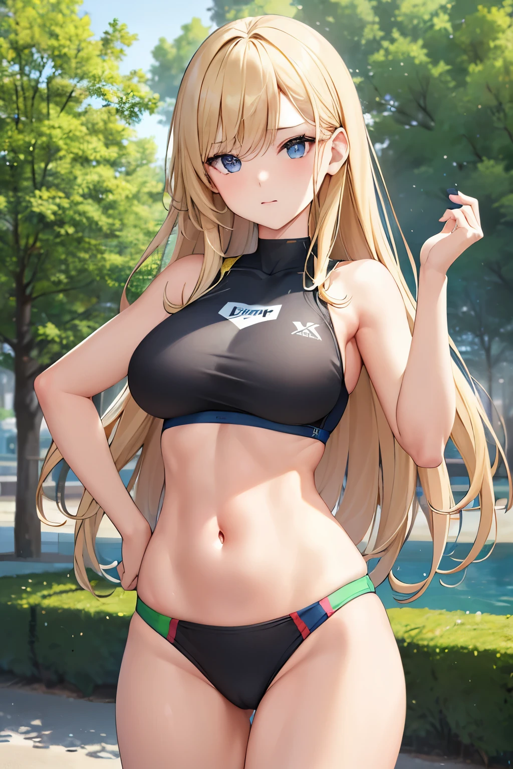 1girl, ((masterpiece, Best quality, high resolution, 4k)), beauty, Whole body to see, ((blondes haar, einen zopf)), ((blaue augen, realistische augen)), ((detaliertes gesicht, slightly flushed)), ((verschwitzt)), big boobs, dynamischer winkel, perfect body, ((wears sportswear, bauchfrei)), ((perfect body, perfekter bauch, bauchmuskeln, schmaler bauch)), trainirt auf einem sportplatz, schwitzend